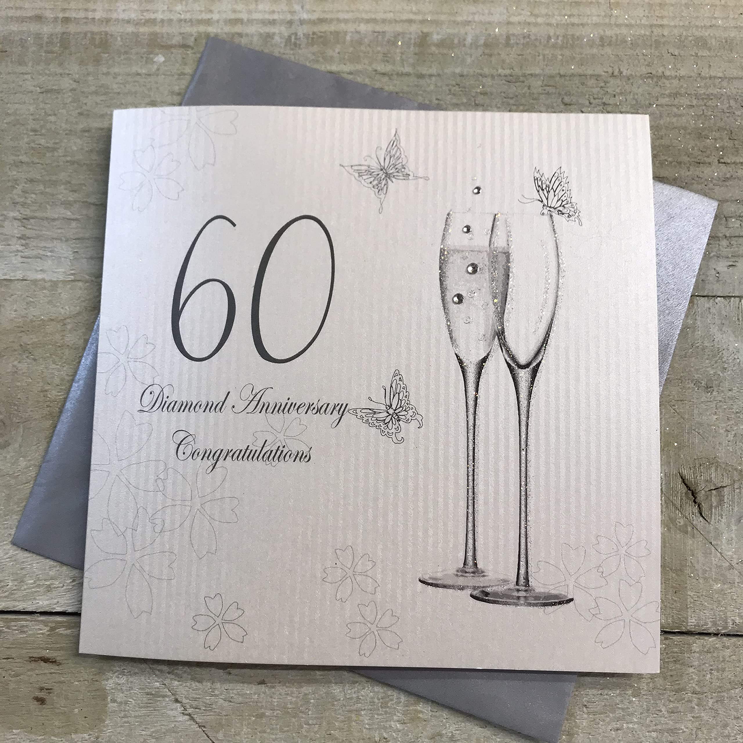 WHITE COTTON CARDS 60th Diamond Anniversary Congratulations Handmade Card Champagne Flutes, DS42
