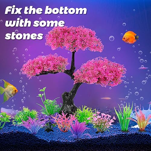 Miniatura 6 de Ameliade Decoración de plantas artificiales de plástico para acuario, juego de decoración de acuario de cerezo rosa y hierba, decoración de pecera