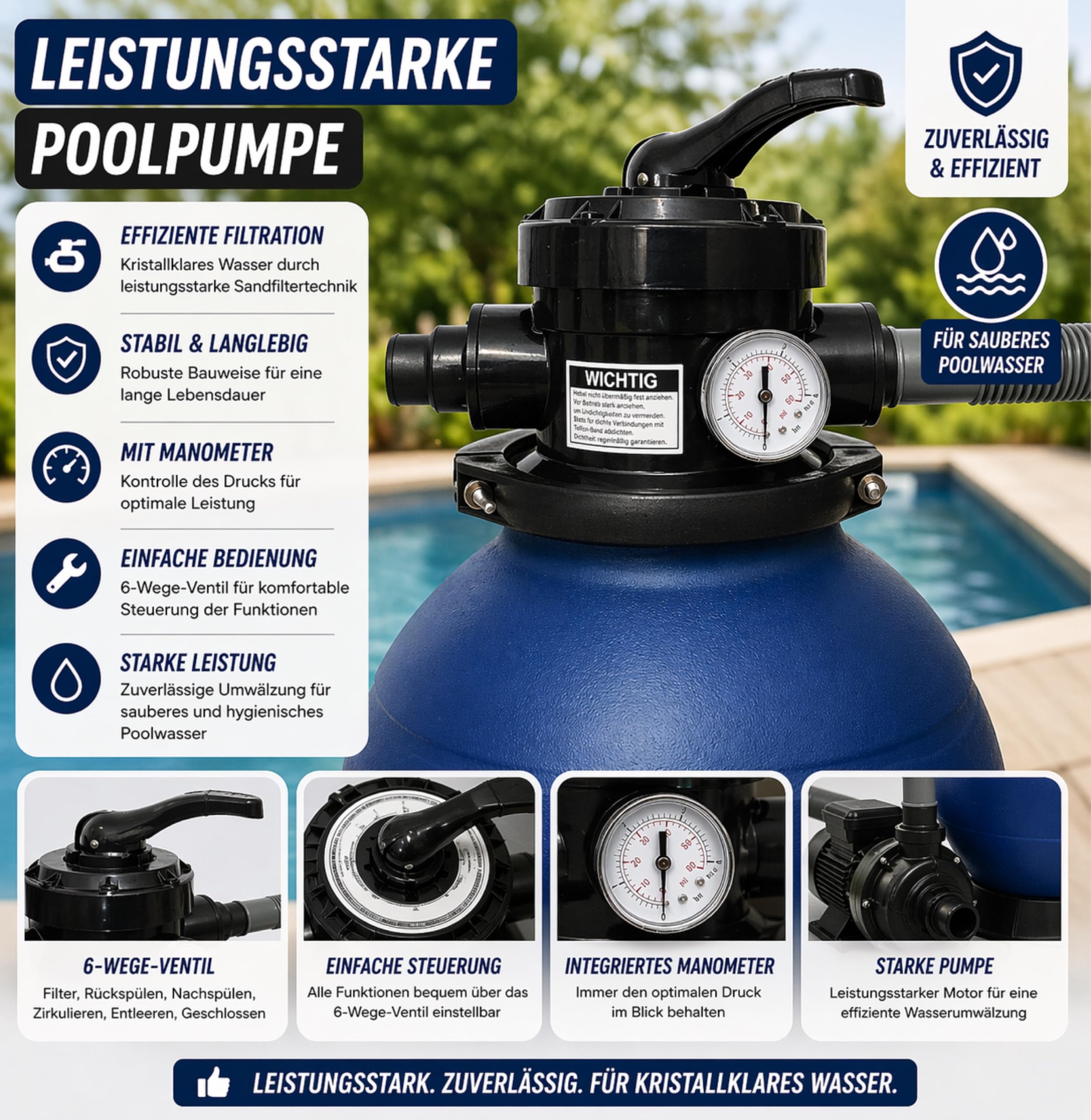 DMS® SFA-01 filtr piaskowy, system filtra piaskowego, 10200 l/h, system filtrujący do basenu, 4-drożny zawór, łatwe sterowanie, filtr do 20 kg, kolor piaskowy
