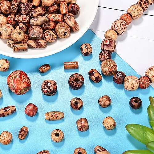 Miniatura 4 de Bememo 400 cuentas de madera impresas de varias formas, cuentas de madera sueltas para hacer joyas, pulseras, collares, manualidades para el
