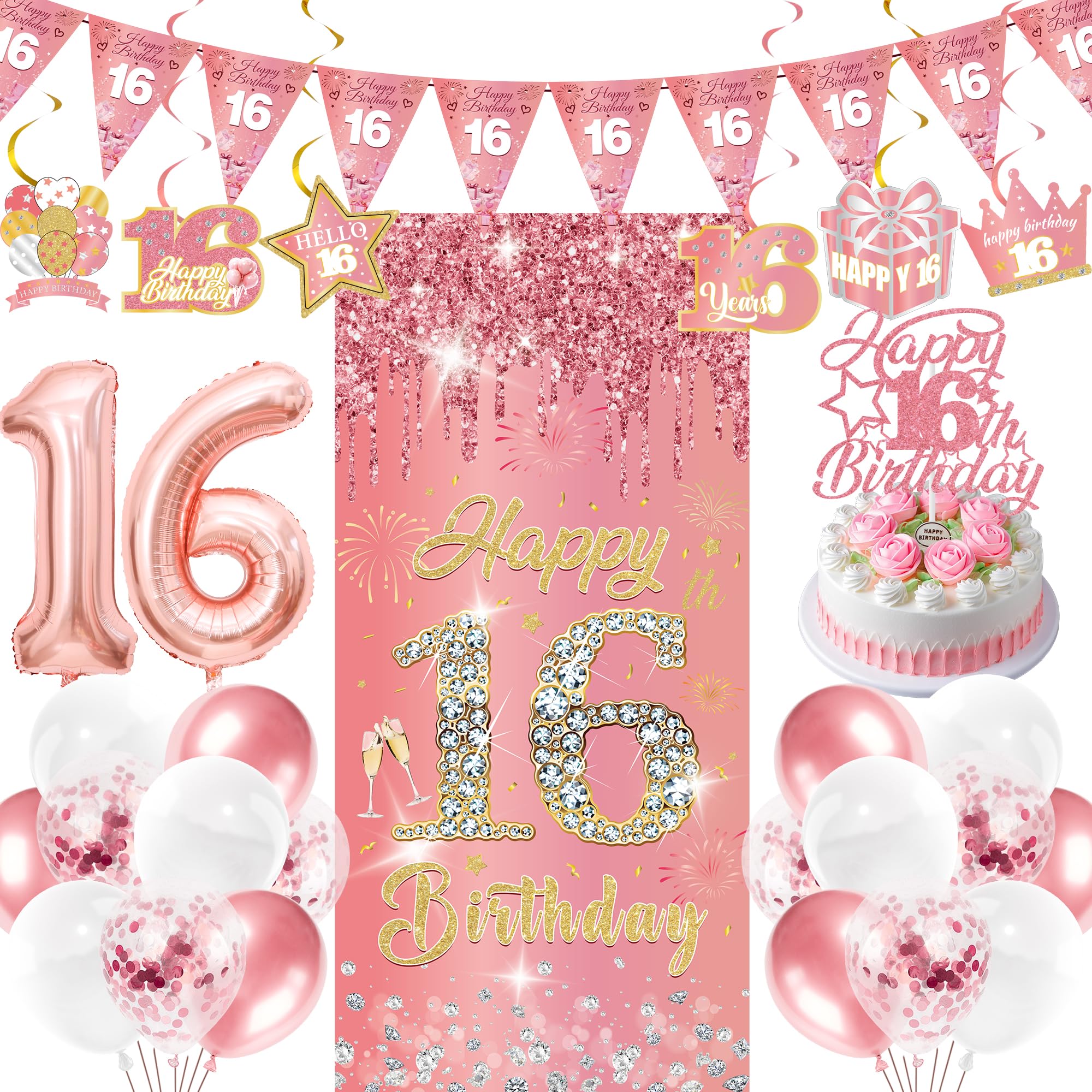 16th Birthday Decorations Balloons Girls - 29 Pcs Rose Gold Triangle Banner Hanging Swirls Backdrop Glitter Cake Topper Number 16 Foil Balloon for Her Girl 16 Years Old Happy Birthday Party Supplies