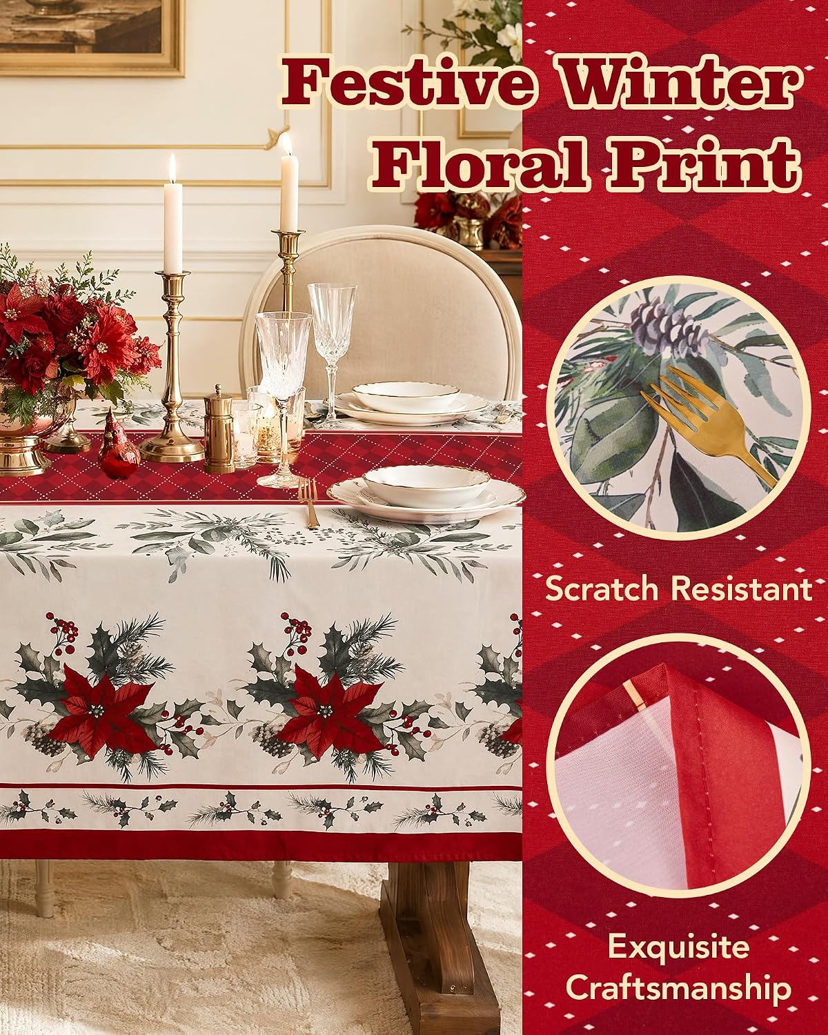 Christmas Tablecloth Rectangular, Holiday Dining Decor, 60x84 Inch