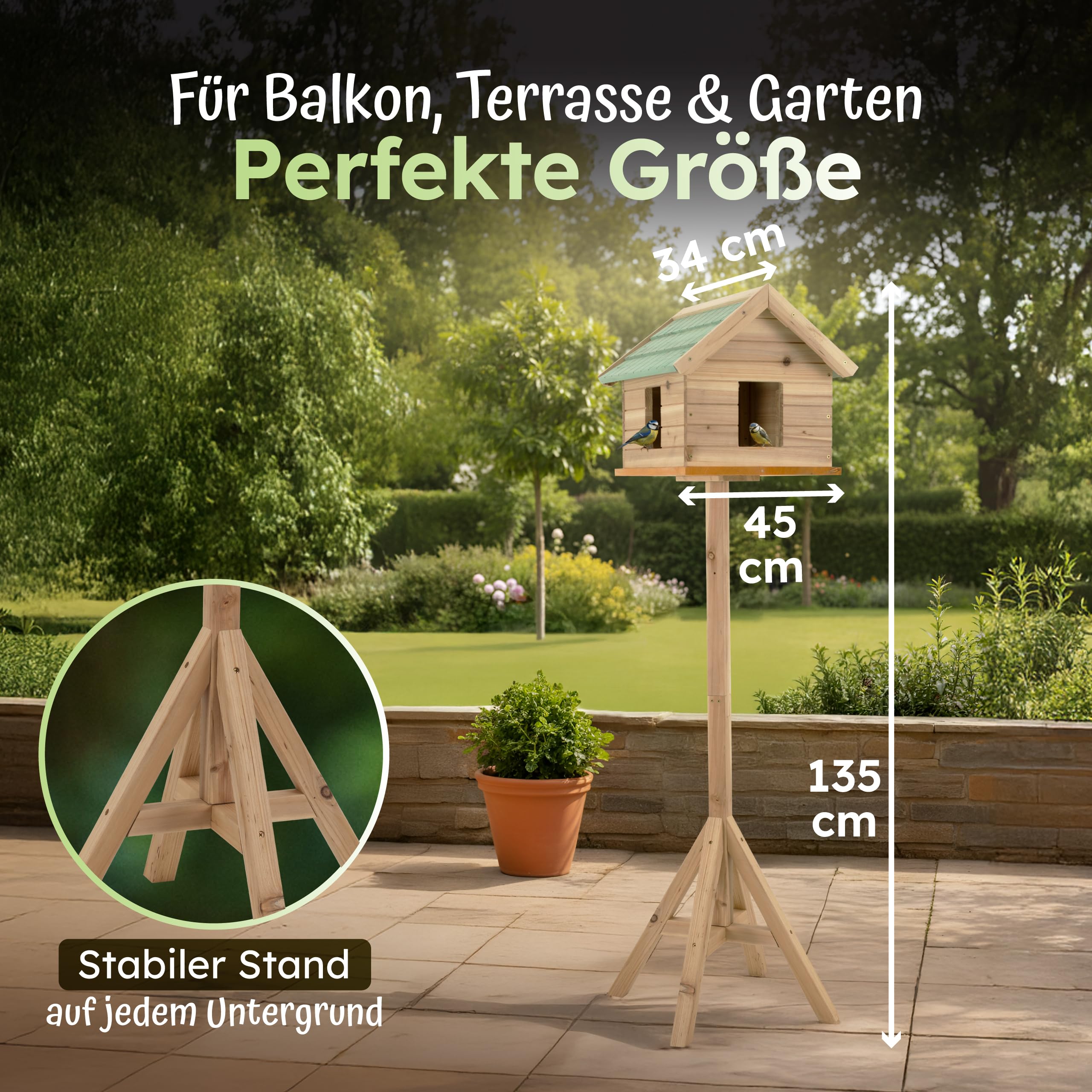 Moorland Vogelhaus mit Ständer & Fenster aus FSC® Tannenholz ganzjährig | 135cm hoch grünes Schindeldach geschlossenes Vogelfutterhaus wetterfestes Futterhäuschen für Vögel Ganzjähriges grünem VH2