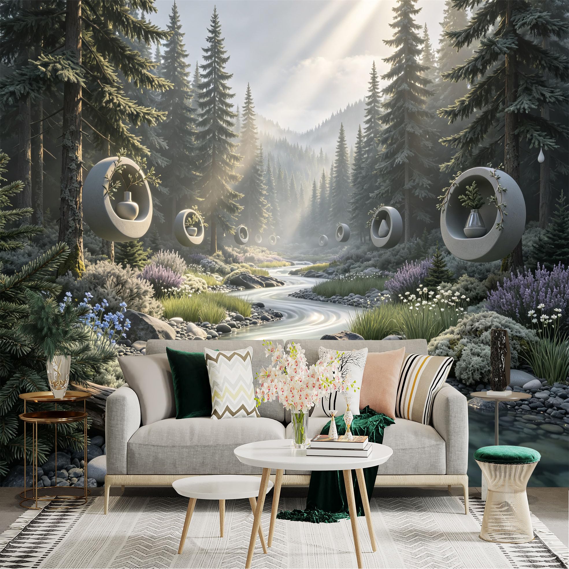 Lnzczhyre Bh260719089 Custom Size Wall Sticker Mural， Misty Forest Landscape， Winding River， Floating Zen Orbs， Nature Scenery， For Wall Decoration， Peelandstick Wall Decals.