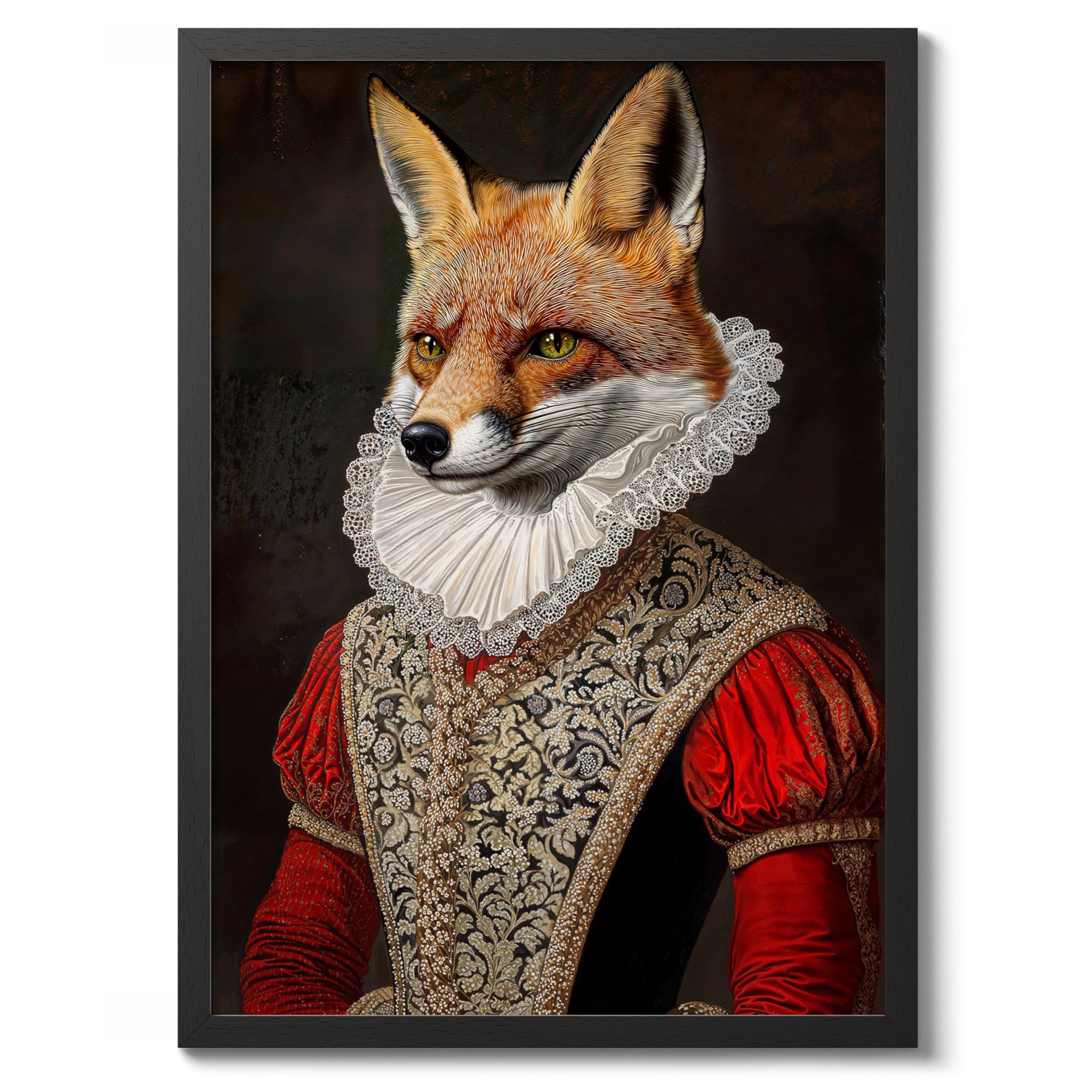 Fox Tudor Animals Poster, Funny Pets Wall Art Prints, Historical Animal Portraits, Living Room Home Decor, A4 (Black Frame) - 32.7x24.1cm — image 1