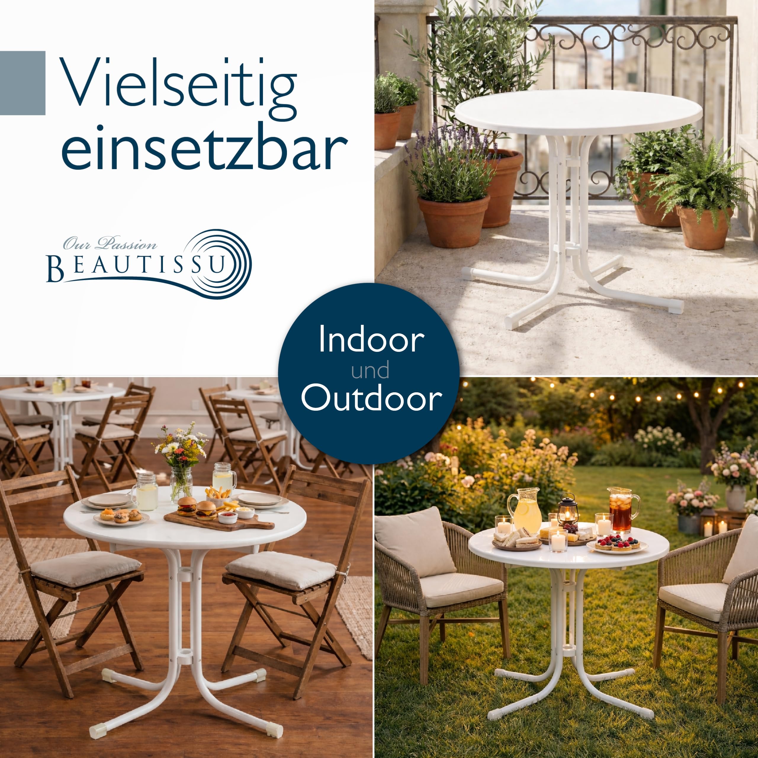 Beautissu Mesa Bistró Exterior Ø 80 cm Impermeable – Mesa Alta Plegable de Jardín Terraza Balcón – Mesa de Camping y Eventos Altura 70 cm – Blanco – Bistroni