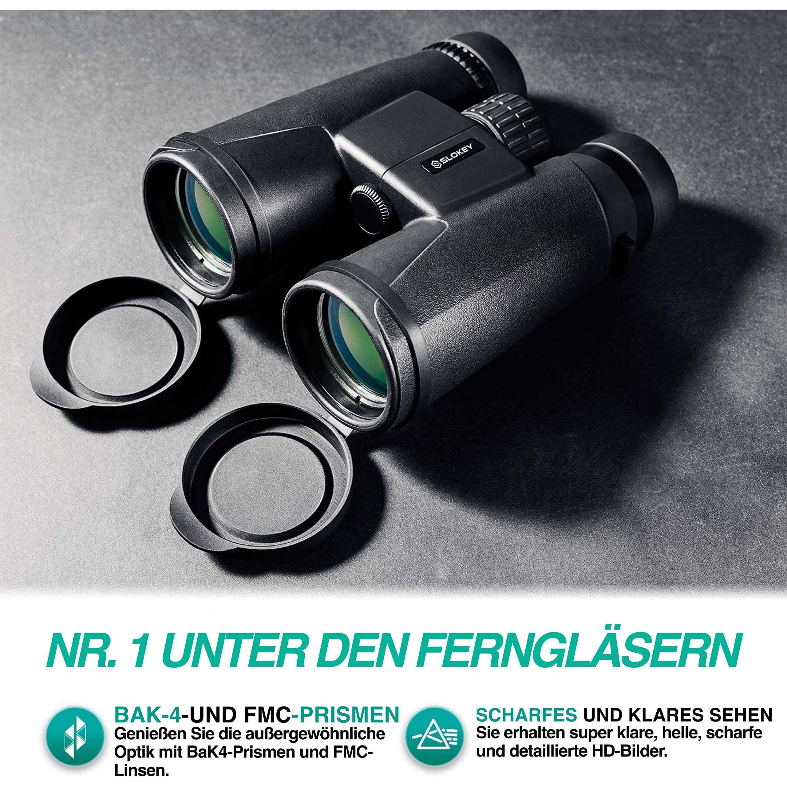 Slokey Fernglas 10x42 - Professionelles und Leistungsstarkes Fernglas mit Großer Reichweite - Leicht und Wasserdicht BAK4- und FMC-Prismen - Ideal für Jagd, Astronomie, Vogelbeobachtung und Camping