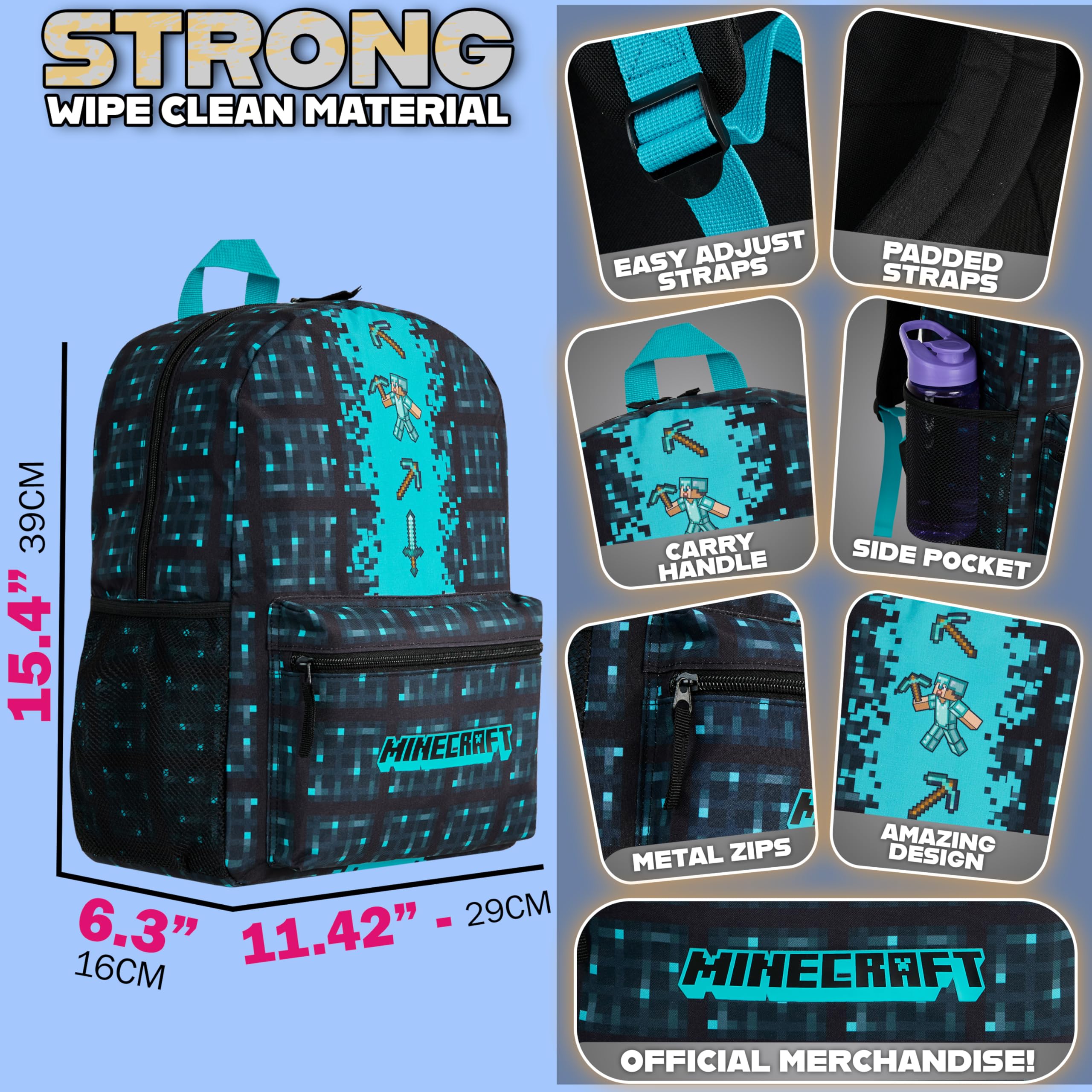 Minecraft Backpack for Boys Kids Teens Adjustable Straps Front Pocket Daypack Backpacks for Sports Gym School Gamer Gifts (Blue)