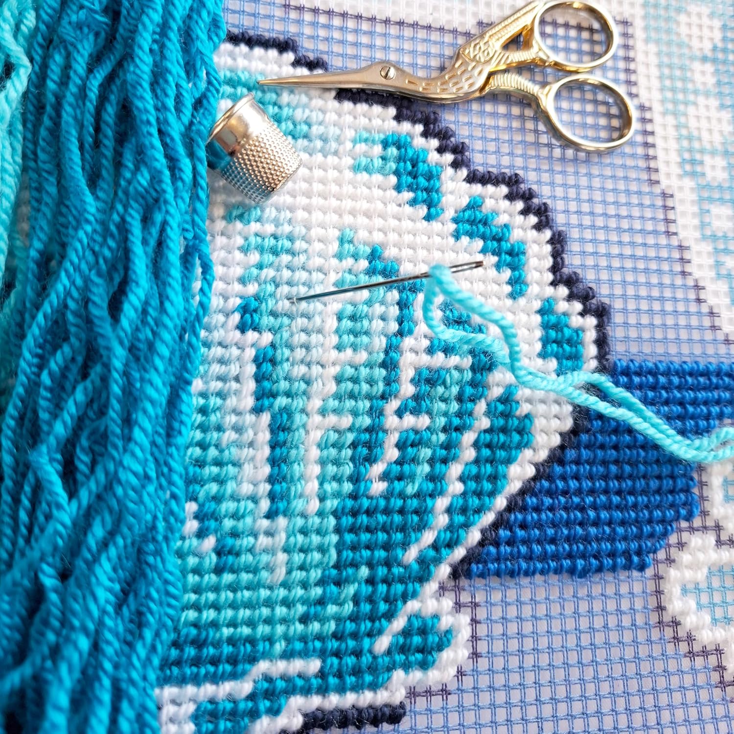Brvsk Coastal Embroidery Kit for Adults and Beginners — Ocean Treasures 16″ × 16″ with Clear, Precise Printed Design on Cotton Canvas; Includes 2 Needles, Yarn, and Easy-Read Chart