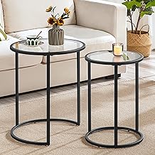 YAHEETECH Round Nesting End Table Set of 2,Stacking Side Tables,Coffee Tables Set w/Metal Frame & Glass Top & Protective Foot Pads for Small Space, Living Room, Office- Black