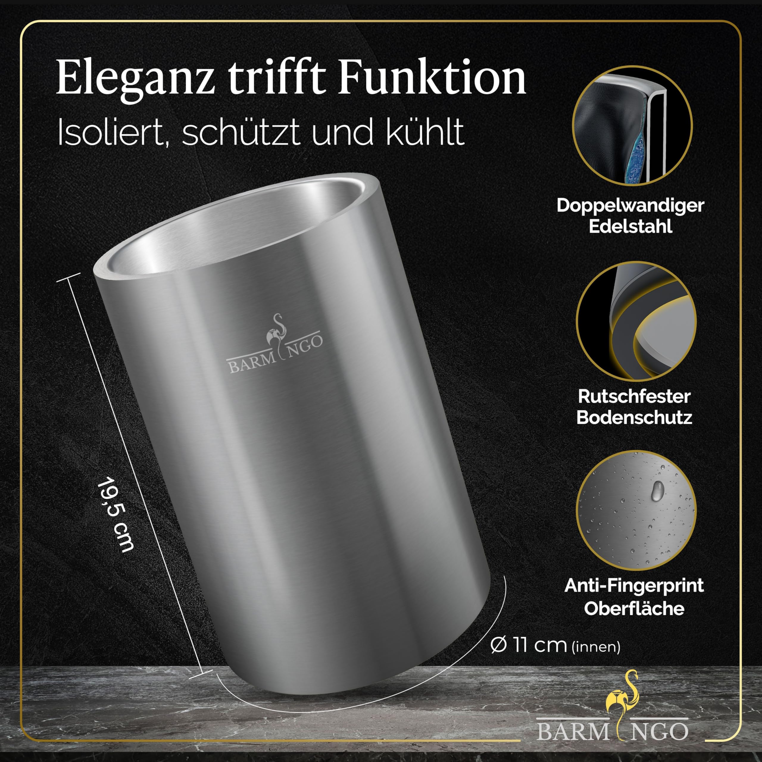 Weinkühler Edelstahl mit Kühlakkus – Getränkekühler & Flaschenkühler für Wein, Sekt, Champagner | Sektkühler doppelwandig mit Kühlmanschetten | Wine Cooler/Wein Kühler, Silber