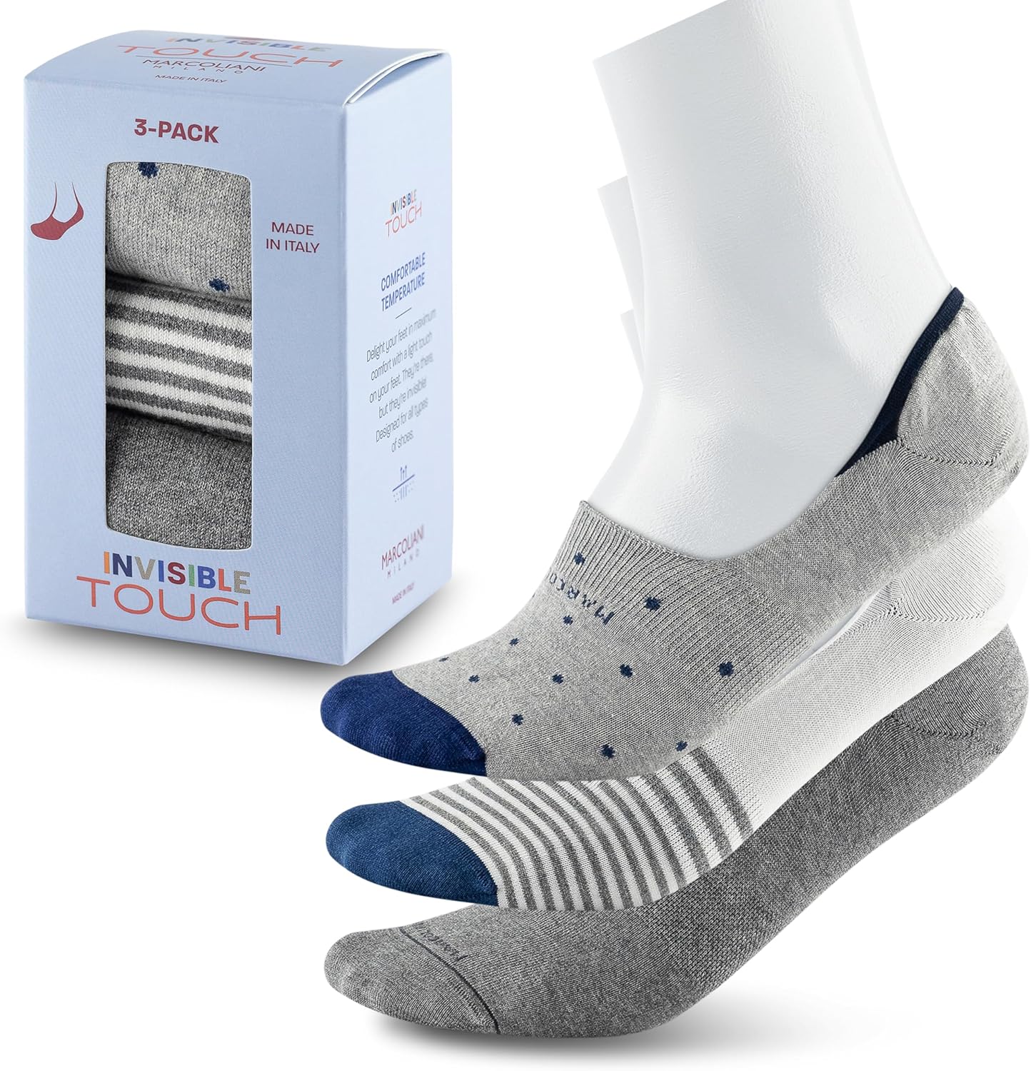 Marcoliani Milano Made in Italy - No Show Socks for Men - Always Stay Up | Cotton 3 Pairs Fancy Invisible Touch