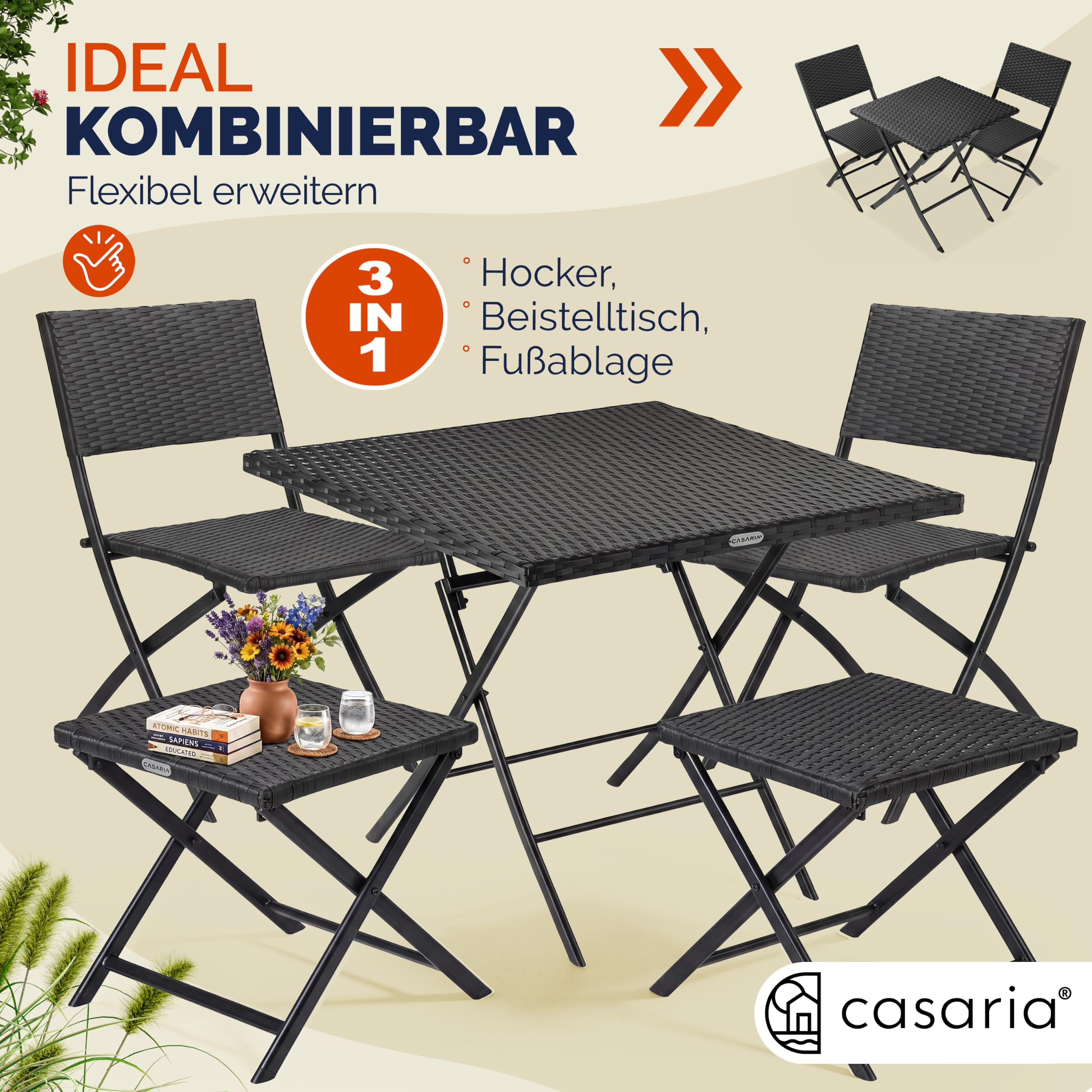 Casaria® Set di 2 Sgabelli Pieghevoli in Polyrattan Max Carico 75 kg 44x40x44cm Giardino Terrazza Balcone Campeggio