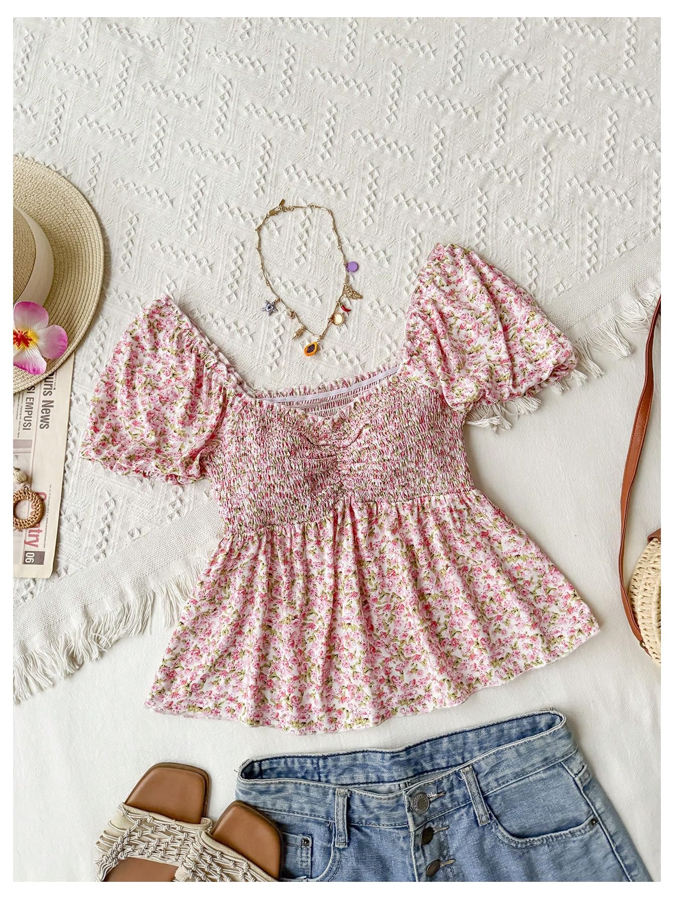 SHENHE Women's Summer Floral Puff Sleeve Peplum Blouse Smocked Sweetheart Neck Ruffle Boho Top