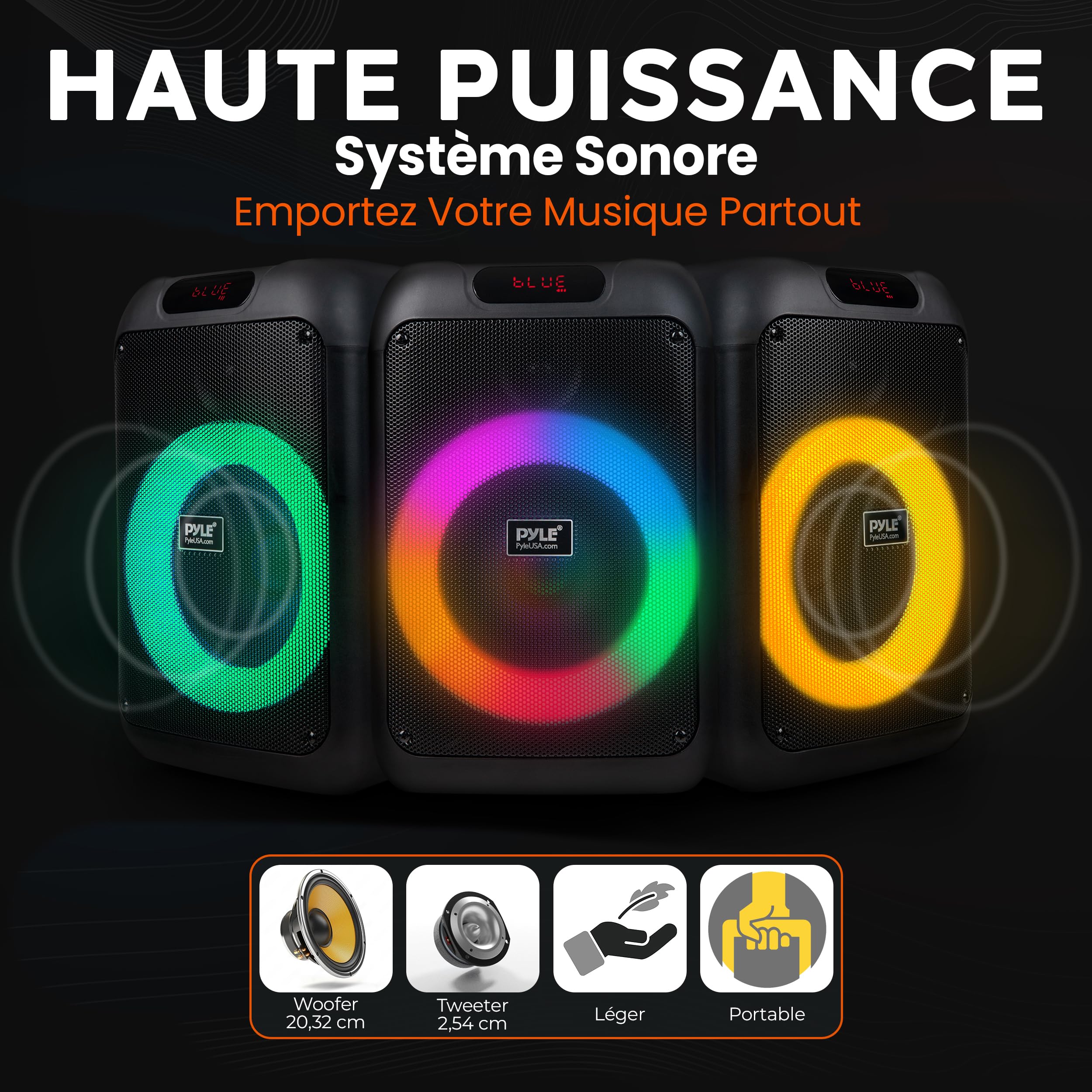 Pyle Enceinte Bluetooth Portable 40 cm – Haut-Parleur Puissant avec LED RGB Woofer Grand Format TWS Batterie Rechargeable Télécommande Câble Type-C Intérieur Extérieur