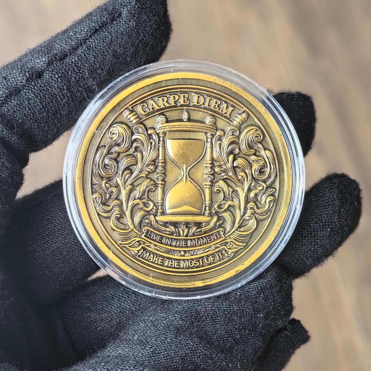 Memento Mori Carpe Diem Stoic High Relief Challenge Coin - Seize The Moment Reminder Token, Antique Gold Zinc Alloy Collectible, for Stoic Philosophy & Mindfulness