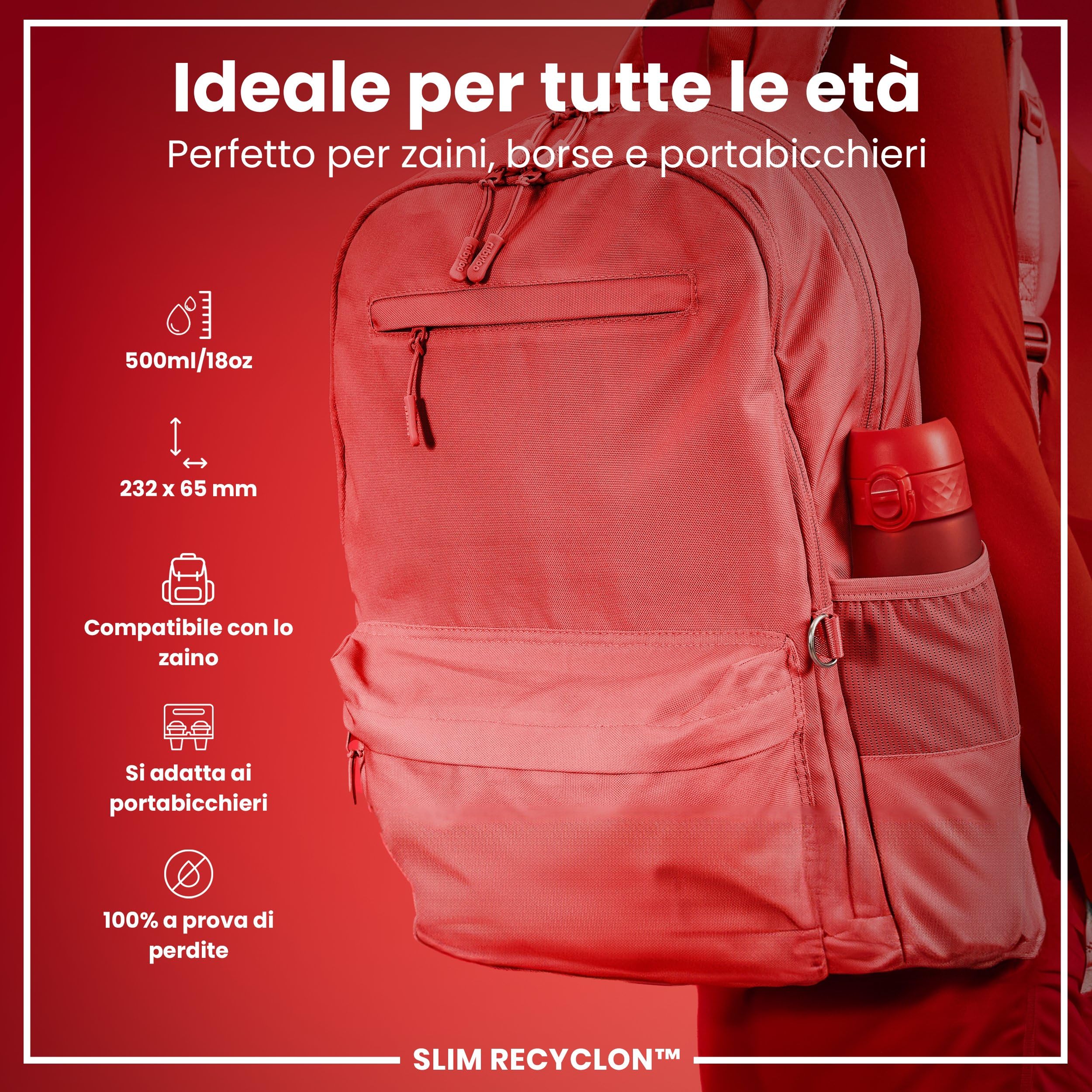 Ion8 Borraccia a Prova di Perdite, 500ml, Facile da Aprire, Serratura Sicura, Lavabile in Lavastoviglie, Senza BPA, Maniglia per il Trasporto, Adatta a Portabicchieri, Facile Pulizia, Rosso