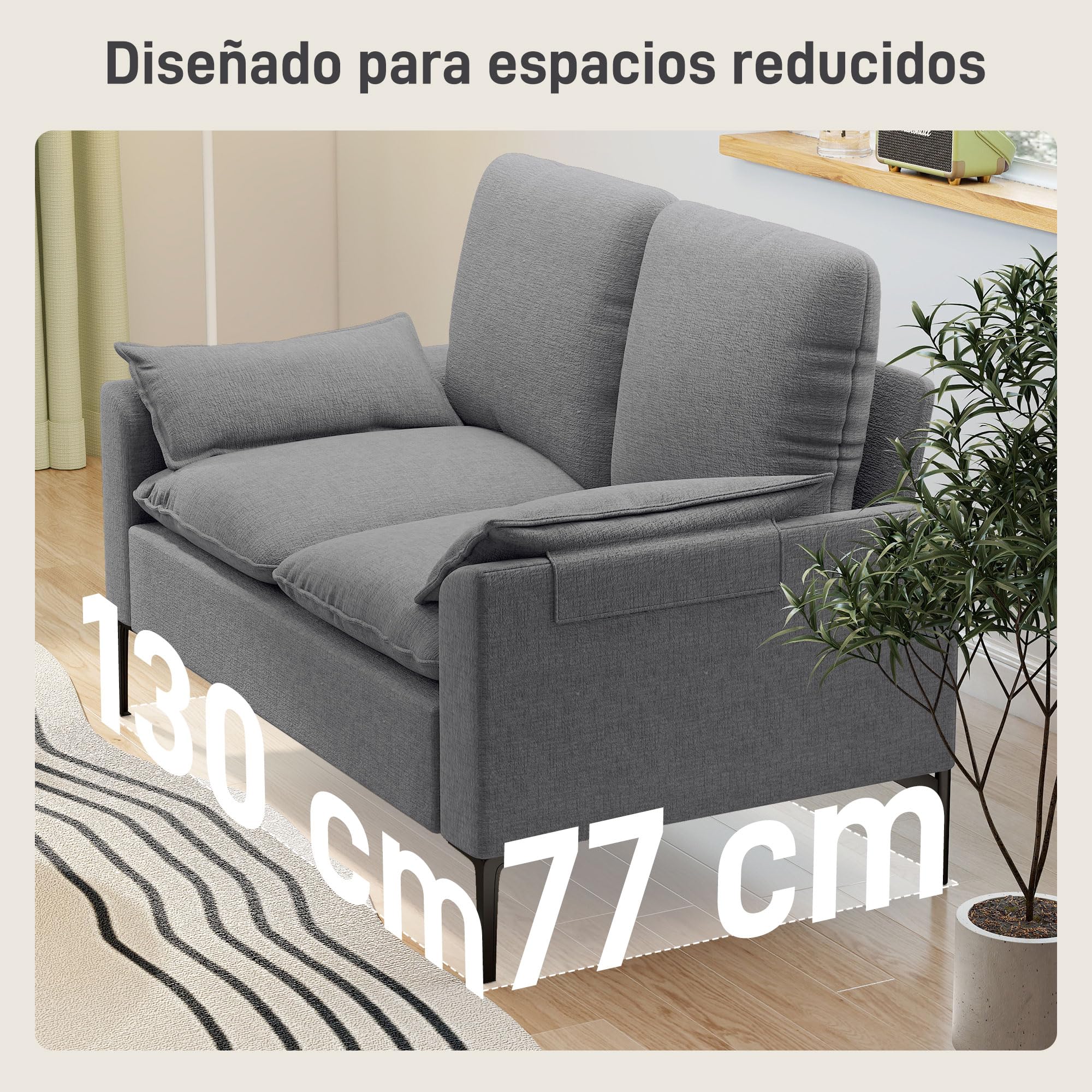 HOMCOM Sofá de 2 Plazas, Tapizado en Terciopelo, Sofá Moderno con Patas de Metal, Reposabrazos Acolchado, para Salón, Dormitorio, Oficina, Sala de Estar, 130x77x84 cm, Gris