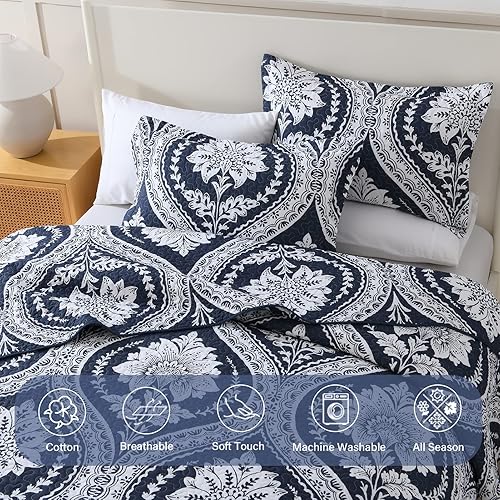 Miniatura 4 de Finlonte Edredón de damasco tamaño King edredón de algodón blanco marino bohemio King colcha ligera y suave para todas las estaciones 3 piezas
