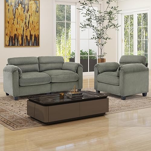 Miniatura 18 de Juego de sofá de pana, otomana tapizada, sofá de dos plazas y sofá de 3 plazas con cojines mullidos y brazos redondeados, juegos de muebles modernos