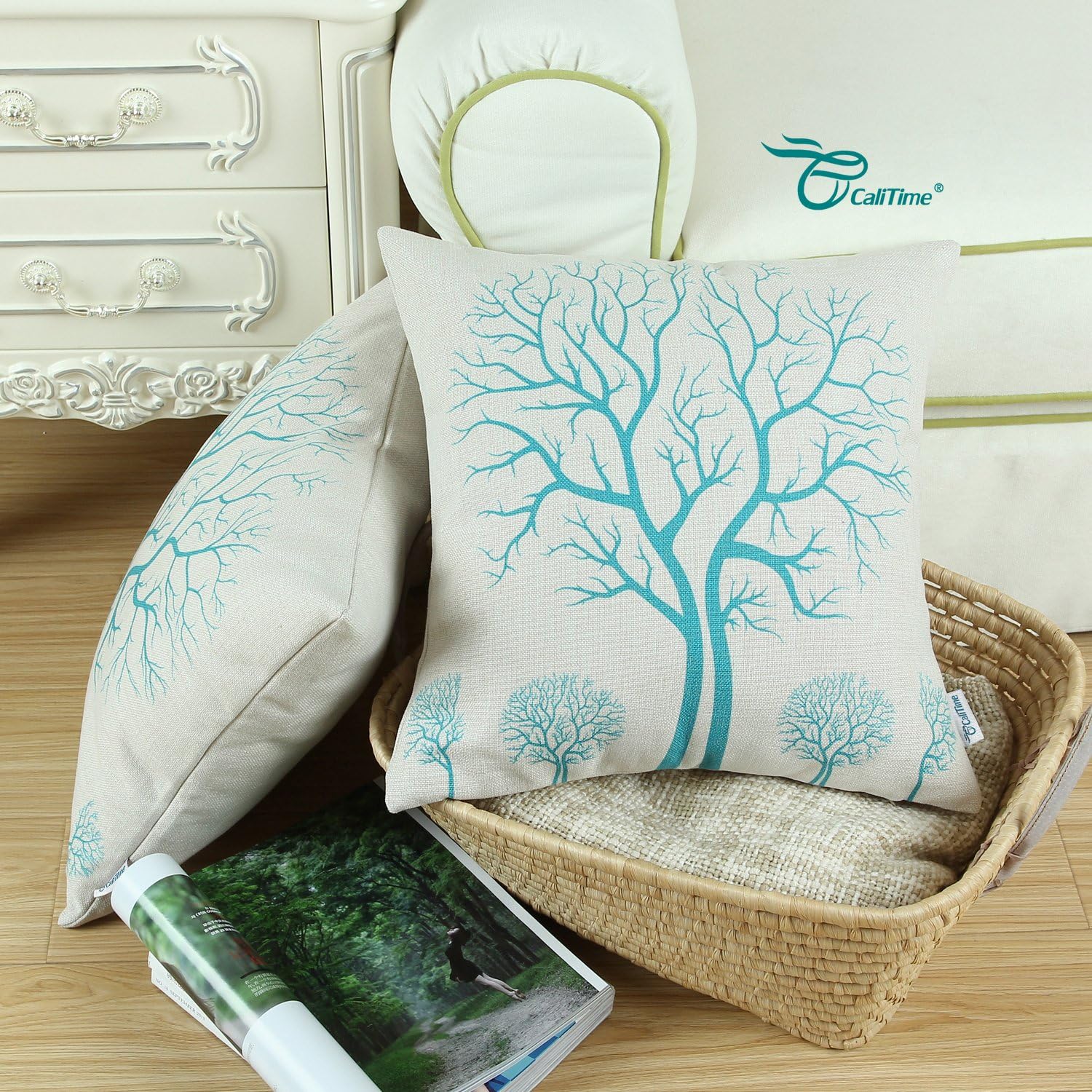 CaliTime Canvas Throw Pillow Cover Case for Couch Sofa Home Decoration Natural Tree with Branches 18 X 18 Inches Teal