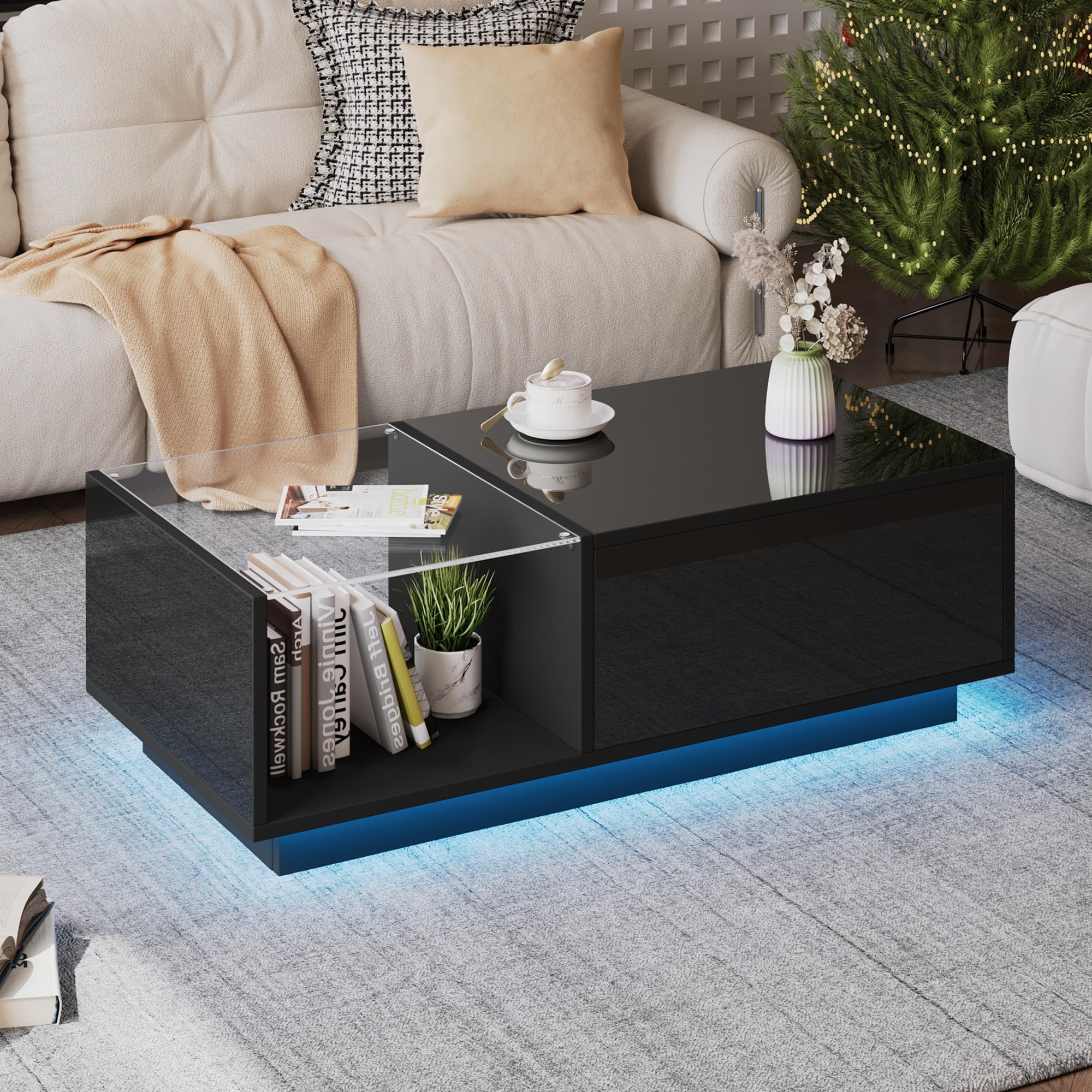 okwish Couchtisch Höhenverstellbar mit LED & Stauraum, Schwarz Hochglanz