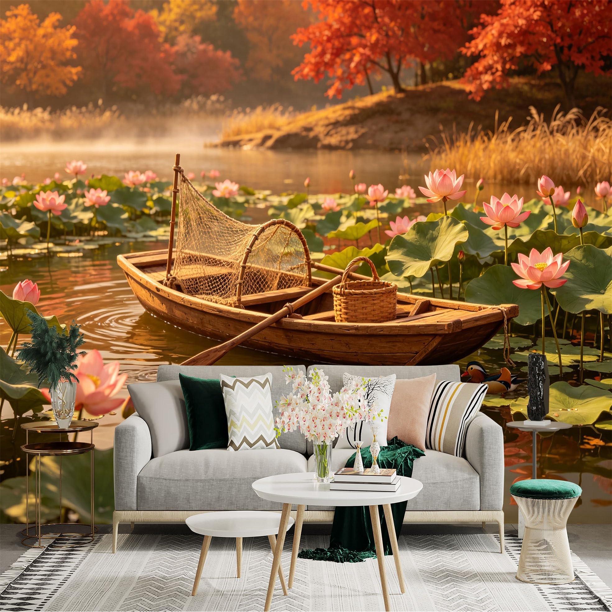 Custom Size Wall Sticker Mural， Wooden Boat on Calm Lake， Blooming Lotus Flowers and Ducks， Peaceful Autumn Scenery， for wall Decoration， peelandstick wall Decals.