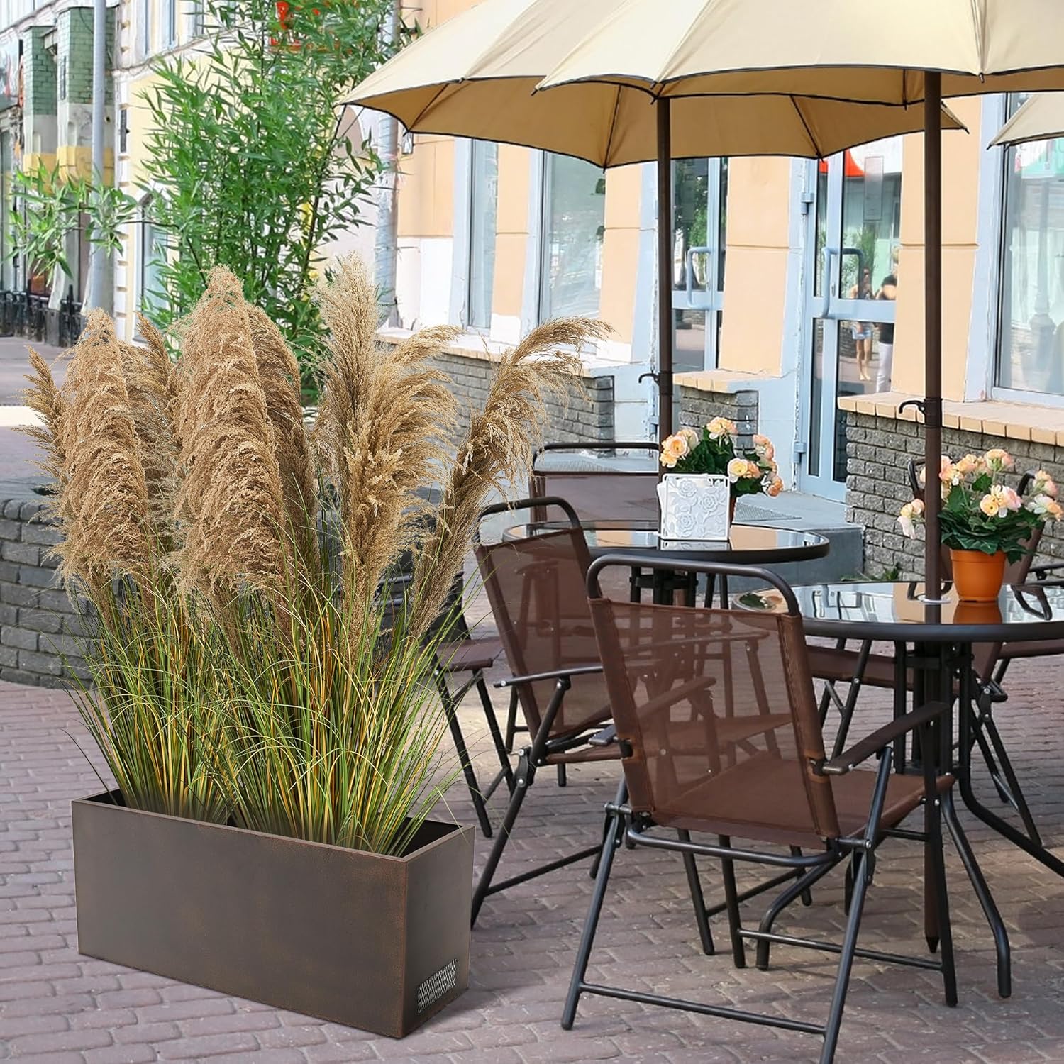 KOL 4ft 2-Pack Artificial Pampas Grass, 47.2’’ Indoor Outdoor Fake Onion Reed Grass, Home Office Garden Wedding Decor, Lifelike Plants Flowers in Pot, Faux Dried Plant Greenery, Housewarming Gift