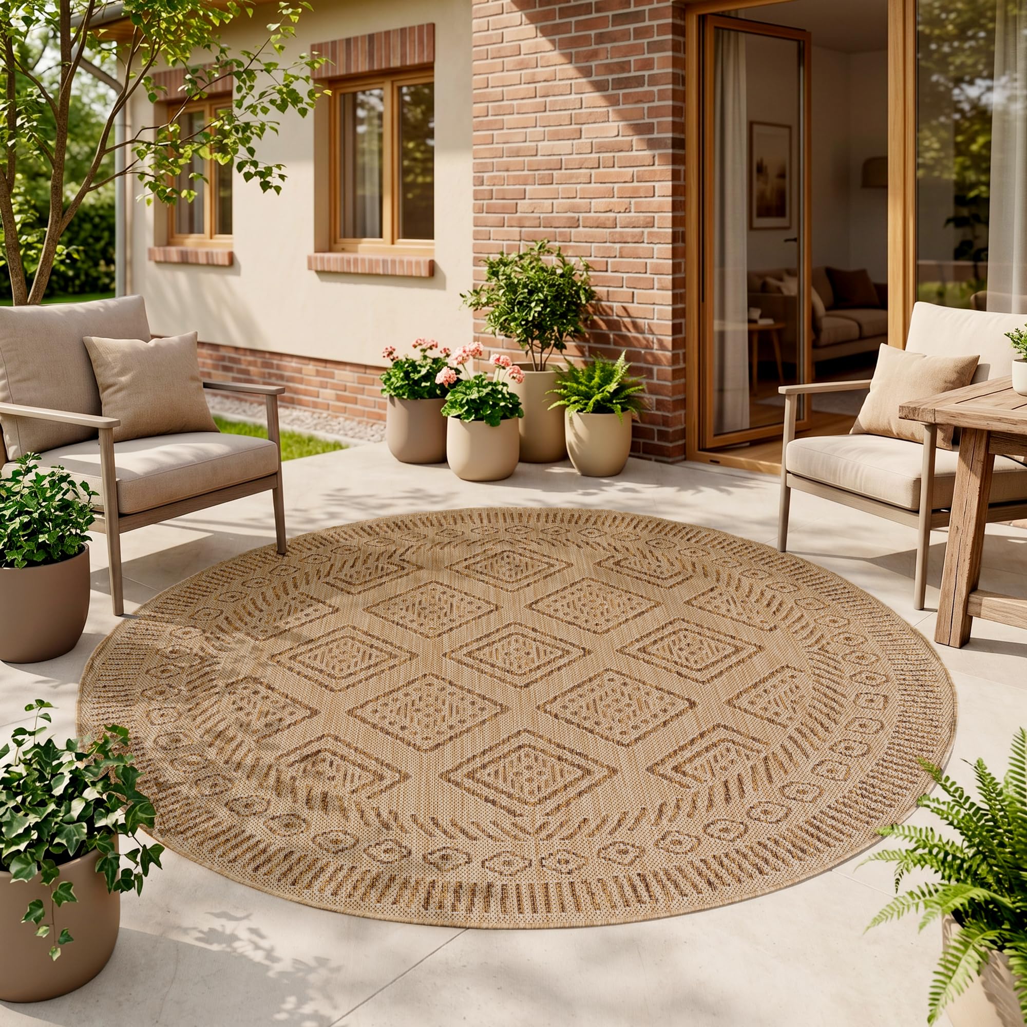 HomebyHome Outdoor Teppich Beige Balkon Terrasse Garten Wetterfest UV-beständig Teppich Einfarbig Flachgewebe Pflegeleicht Robust Modern