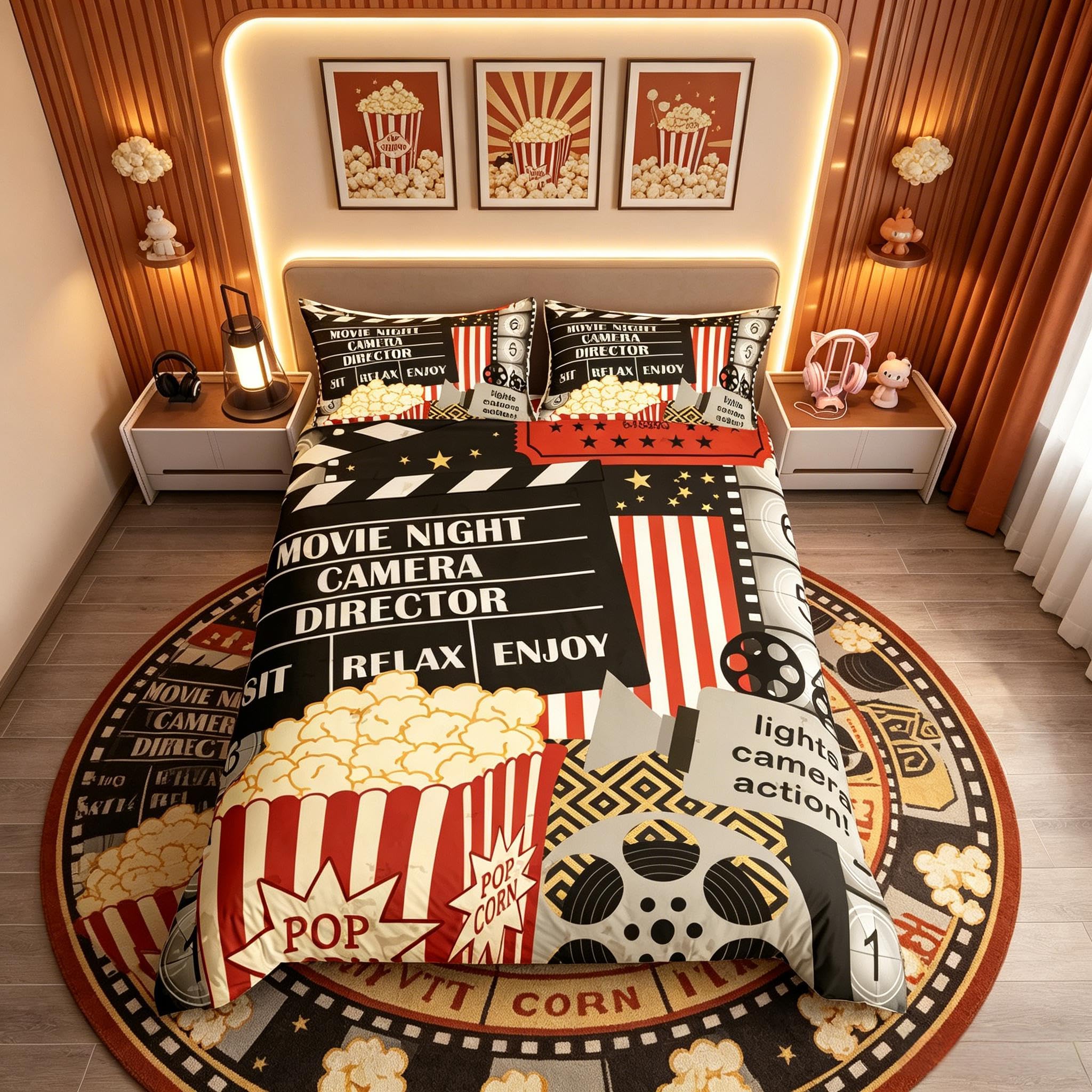 Richhome Cinema 01 Vintage Cinema King Size Duvet Cover Movie Theater Night Theme Bedding Set 3Pcs For Kids Teens Adult Cartoon Popcorn Filmstrip Camera Comforter Cover Soft Quilt Cover Bedroom Decor Bedspread