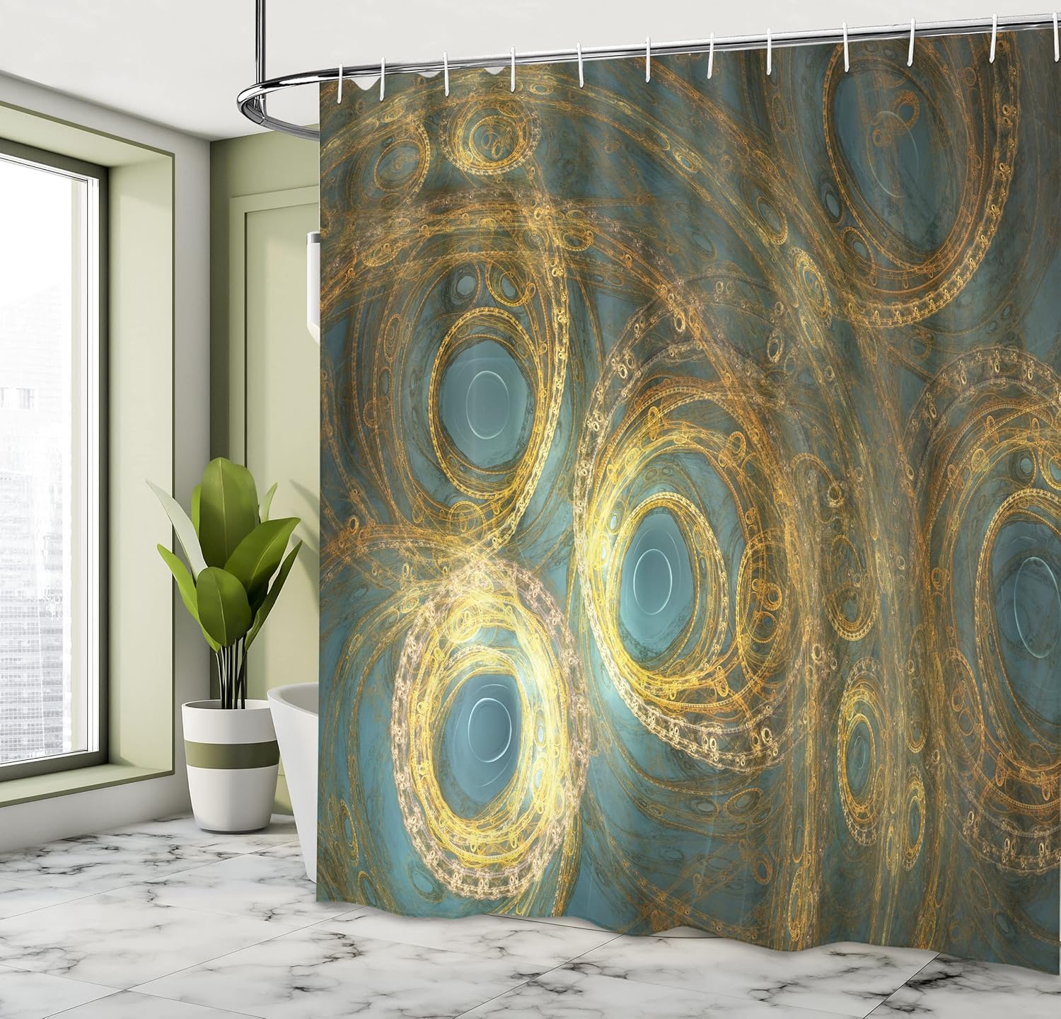 Ambesonne Steampunk Shower Curtain, Fantasy Whirlwind Shaped Mechanic Clockwork Design Abstract Surrealist Image, Cloth Fabric Bathroom Decor Set with Hooks, 69" W x 75" L, Yellow and Blue