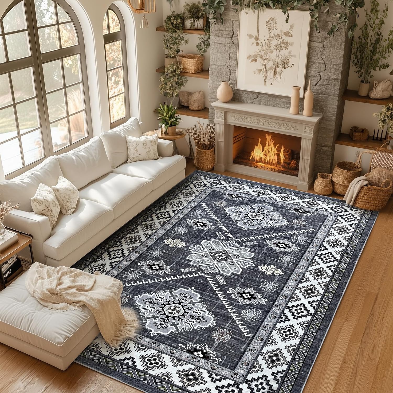 Boho Washable Area Rug 5x7 Soft Faux Wool Rugs for Living Room Boho Beige Carpet Non-Slip Low Pile Stain Resistant Large Area Rug for Living Room, Bedroom, Under Table, Kids Room (Grey, 5'x7')