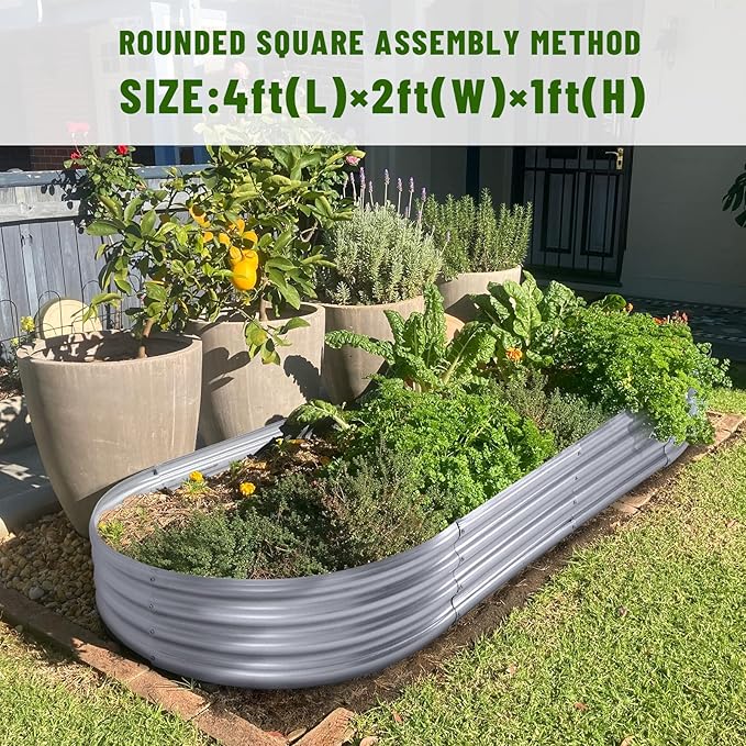 The Land Guard Galvanized Raised Garden Bed Kit is a sturdy and durable planter box designed for outdoor gardening. Made from galvanized steel, this raised garden bed kit is rust-resistant and built to withstand the elements. The oval shape of the planter provides ample space for growing various vegetables, herbs, and flowers.