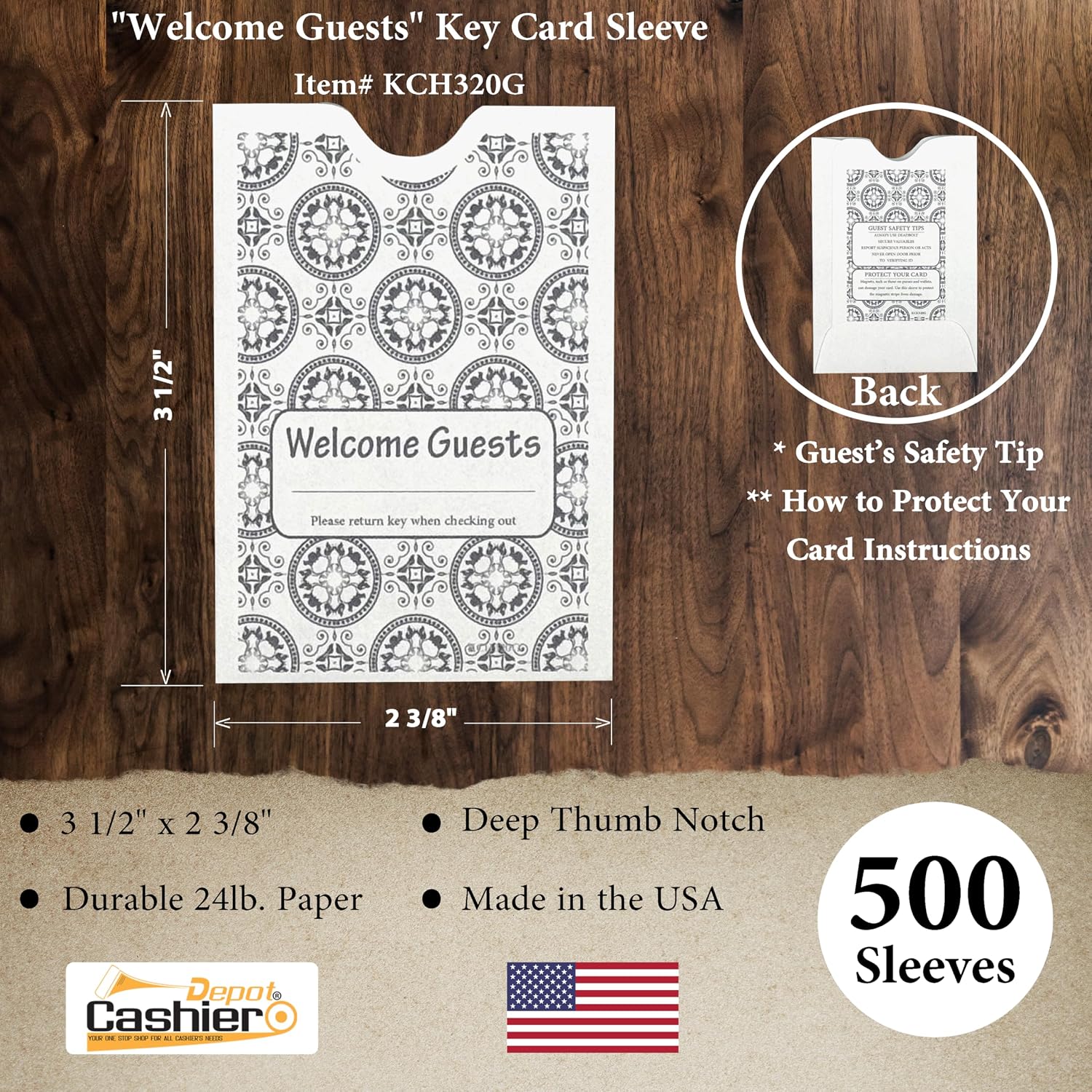 500 Cashier Depot - Hotel Key Card Sleeves, White 24lb Paper, 2 3/8 x 3 1/2 Inches, Welcome Guest Design, Printed in Gray, 500 Count