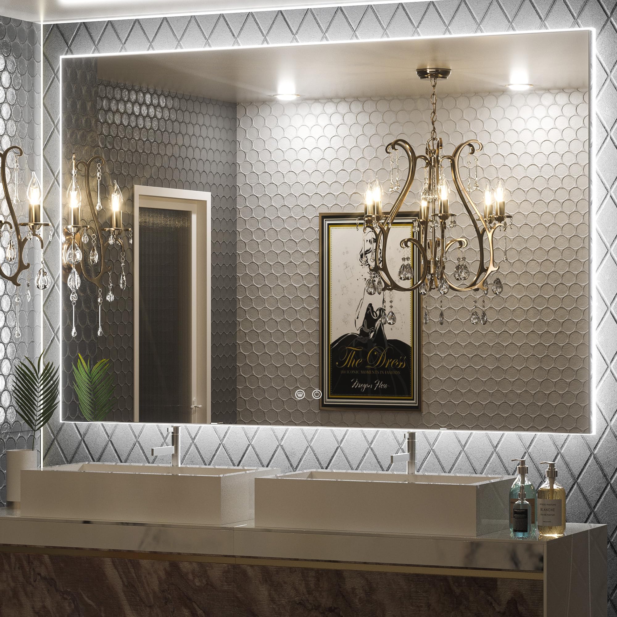 keonjinn bathroom mirror with lights 60 x 40 inch, led mirror with backlit, anti fog lighted mirror with stepless dimmable, ul listed led driver, waterproof, cri90+, hd tempered glass