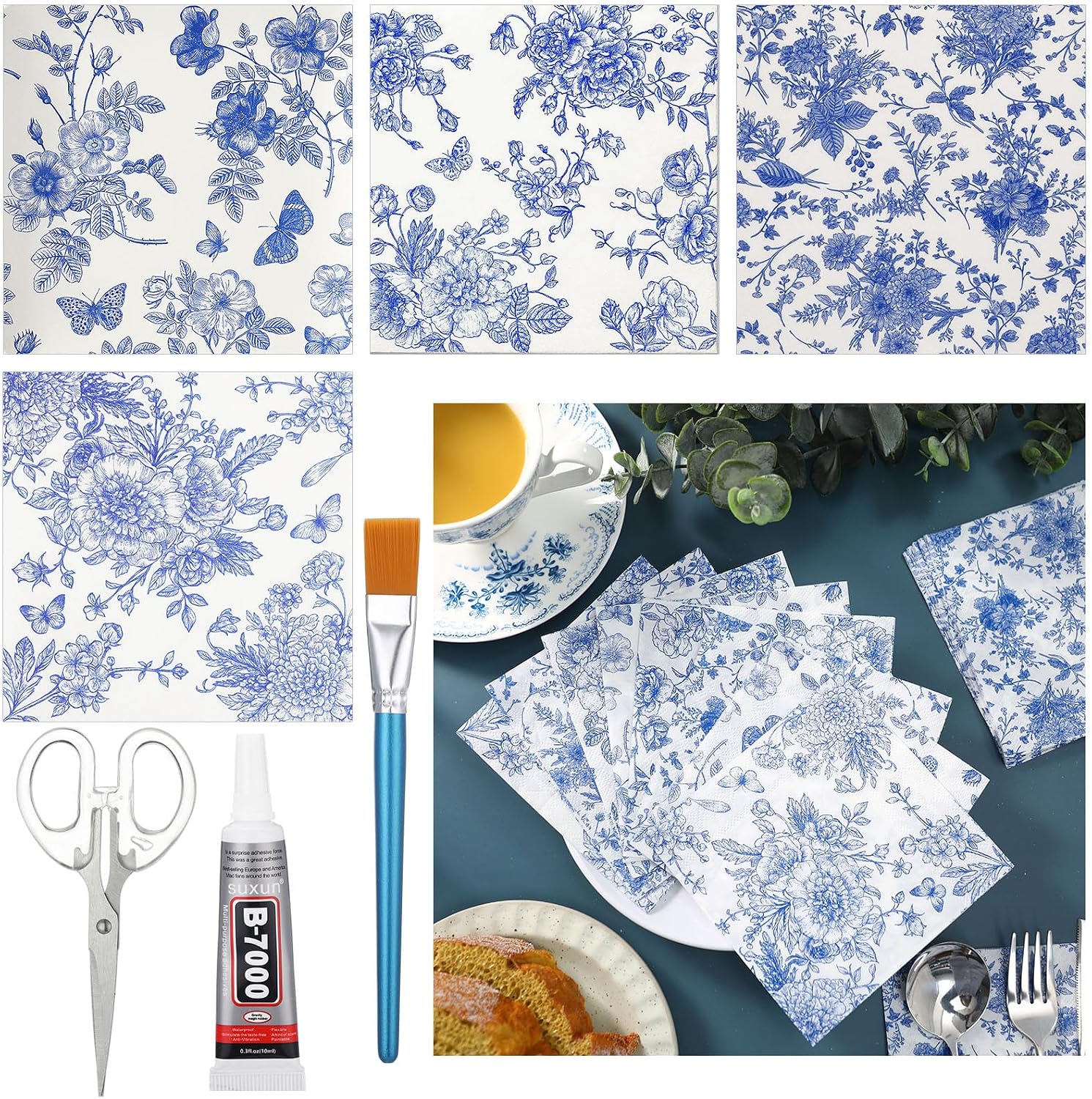 Gueevin 100 Pack 4 Styles Decoupage Napkins DIY Set Assorted Blue Floral Chinoiserie Decorative Napkins with Scissors Brush Glue Vintage Cocktail Toile Paper for Crafts Home Decor Party Favor Supplies
