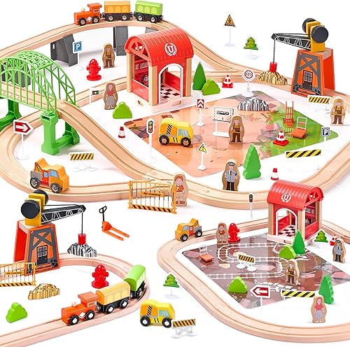 Miniatura 9 de Juego de tren de madera de 61 piezas para niños pequeños de 3 a 8 años, pista de tren expandible de doble cara con rompecabezas y juguetes de pesca