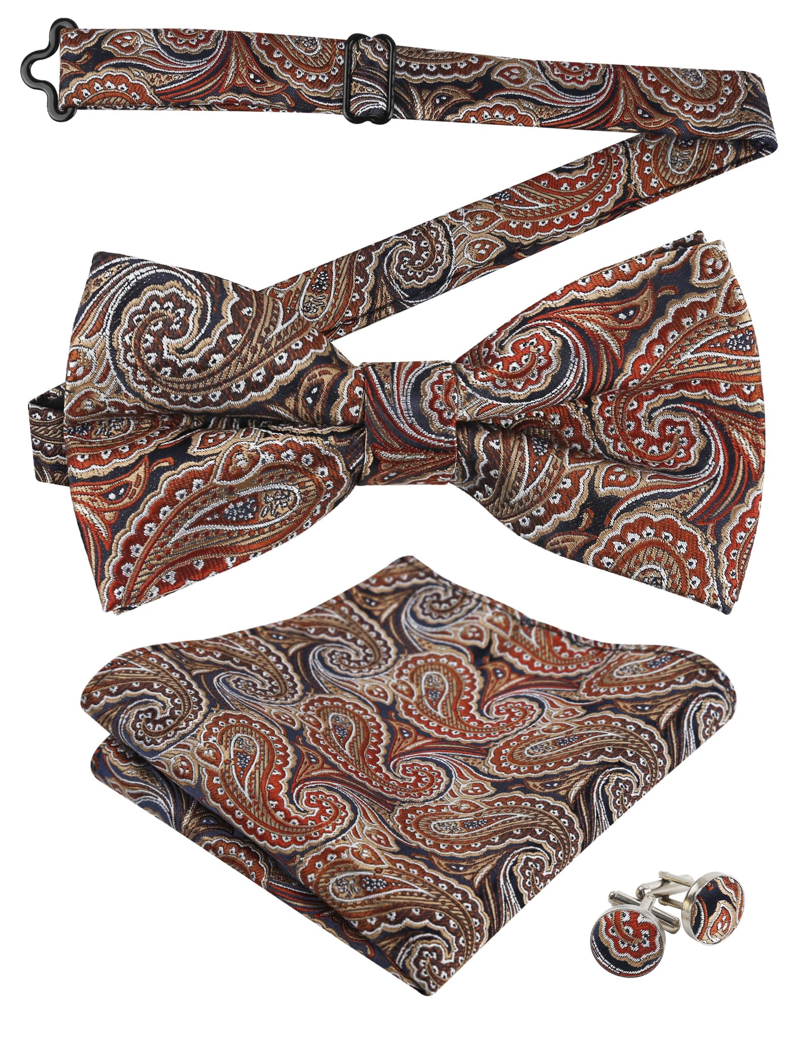 Alizeal Mens Paisley Bow Tie, Pocket Square, Cufflinks Set