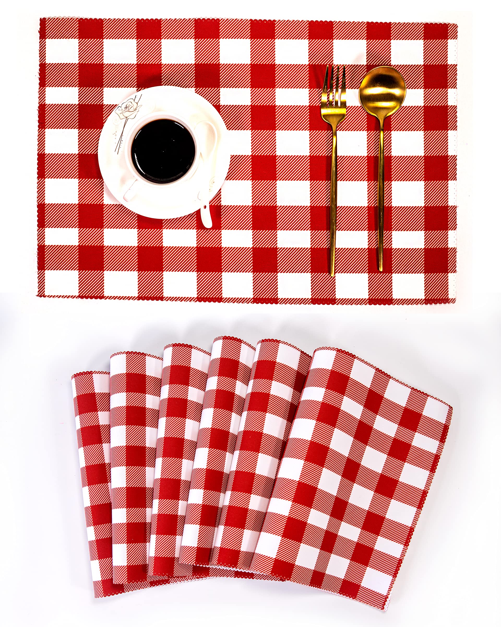 Placemats,Lemon Placemats for Dining Table,Stain Resistant Washable Place mats ,Kitchen Table mats Set of 6 (Red / White Plaid )