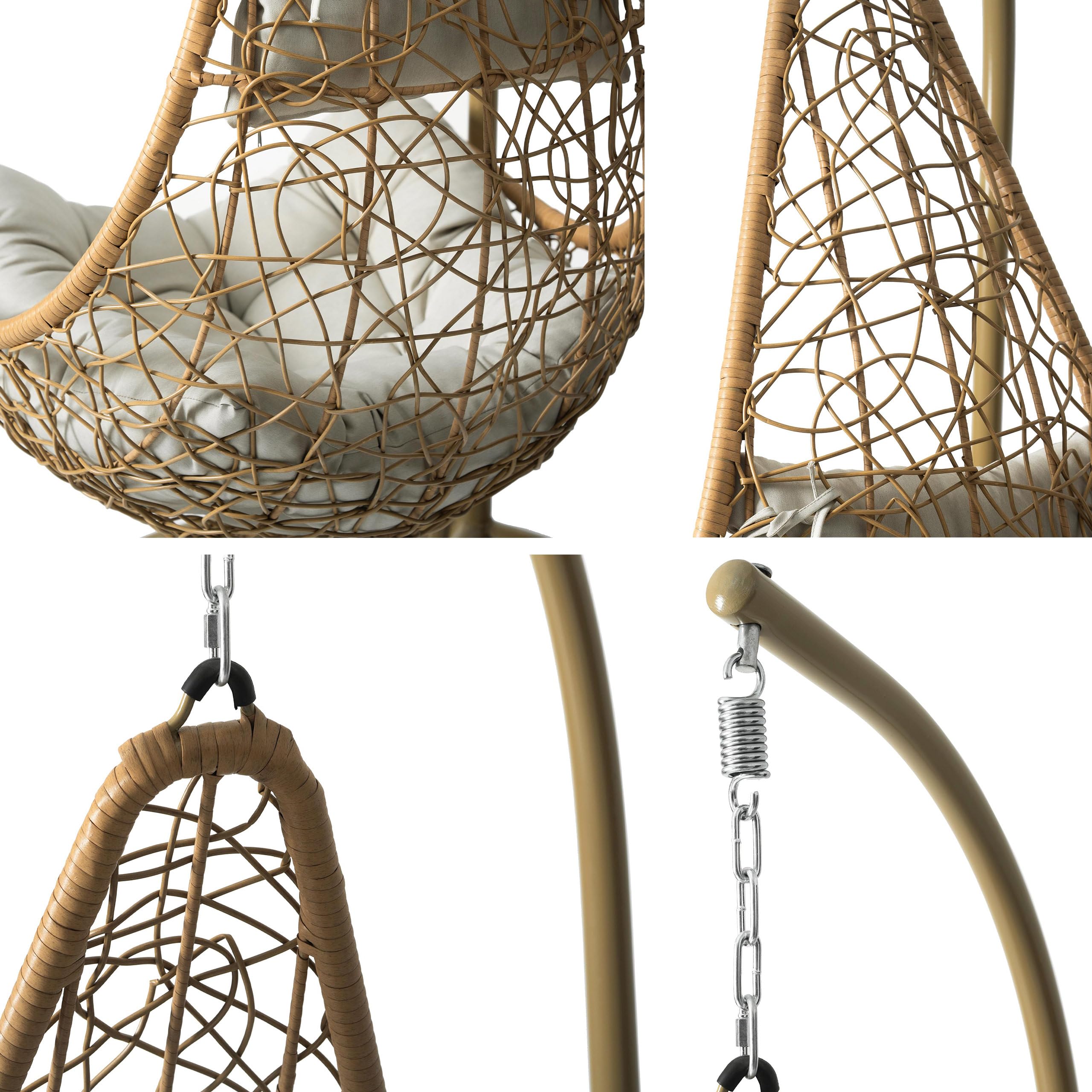 Mirjan24 Hängesessel mit Gestell und Kissen Boho, Outdoor Hängestuhl Hängekorb Hängesitz Stahlskelett (Grau/Grau)