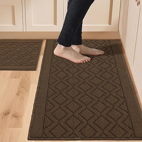COSY HOMEER 48x20 Inch/30X20 Inch Kitchen Rug Mats Made of 100% Polypropylene 2 Pieces Soft Kitchen Mat Specialized in Anti Slippery and Machine Washable,Brown
