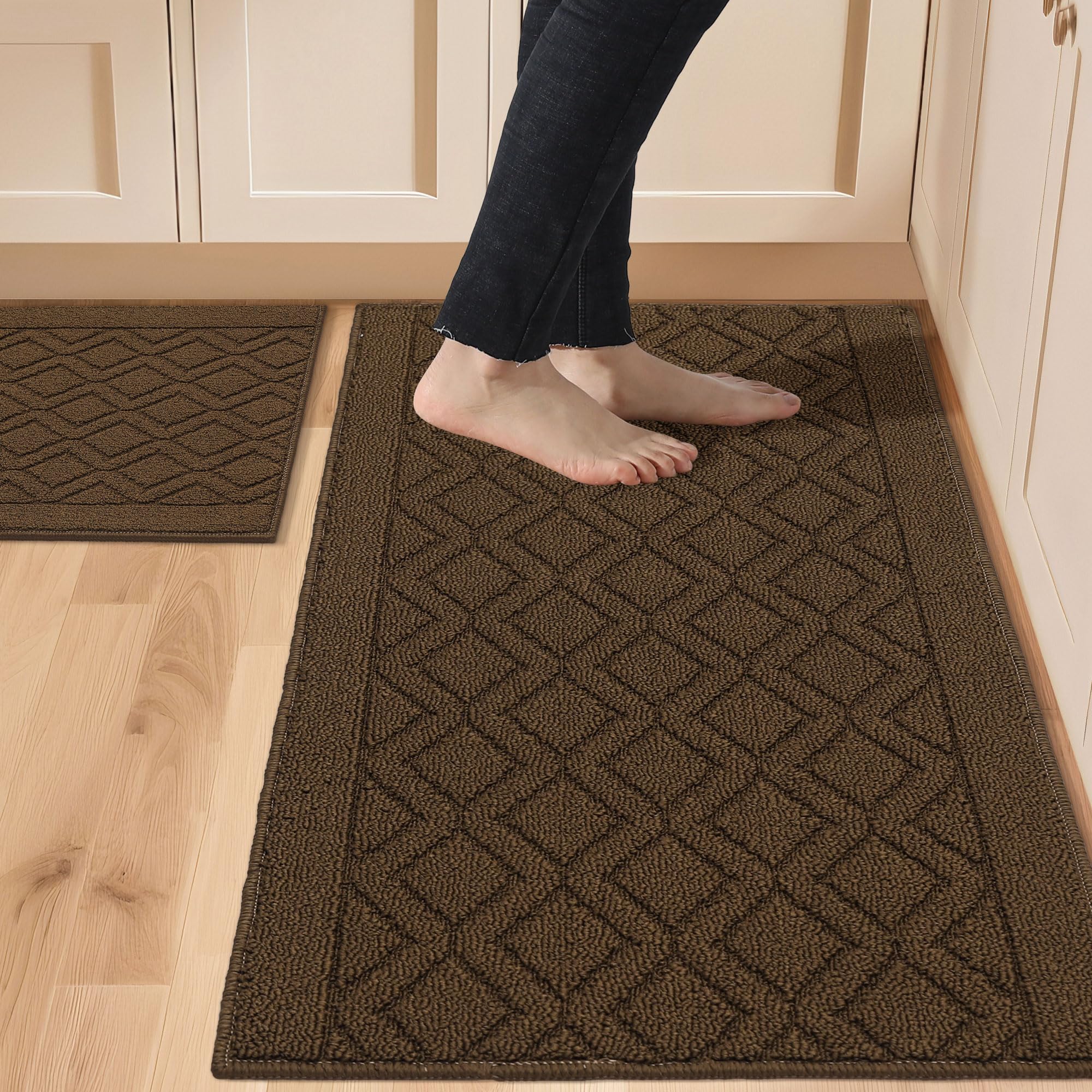 Tapis de cuisine en polypropylène marron lavable et antidérapant pour sol propre