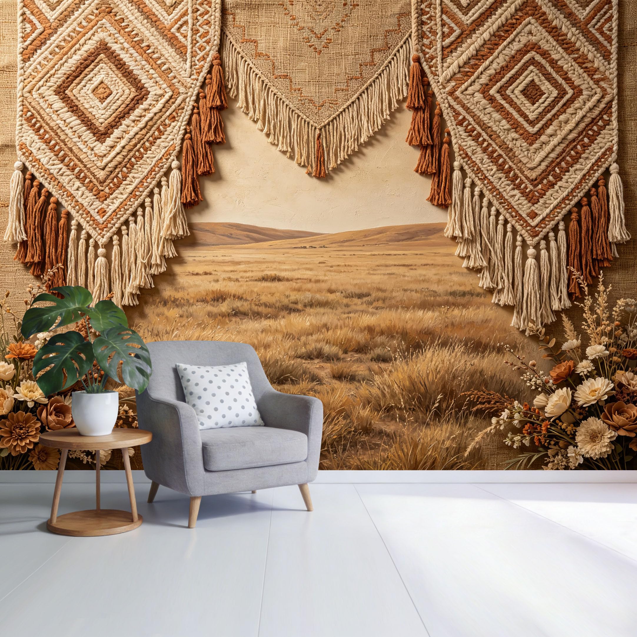 Custom Size Wall Mural Boho Farmhouse Woven Macrame Pattern Rustic Meadow Landscape SelfAdhesive Wall Fabric Removable Wallpaper for Home Office Decor