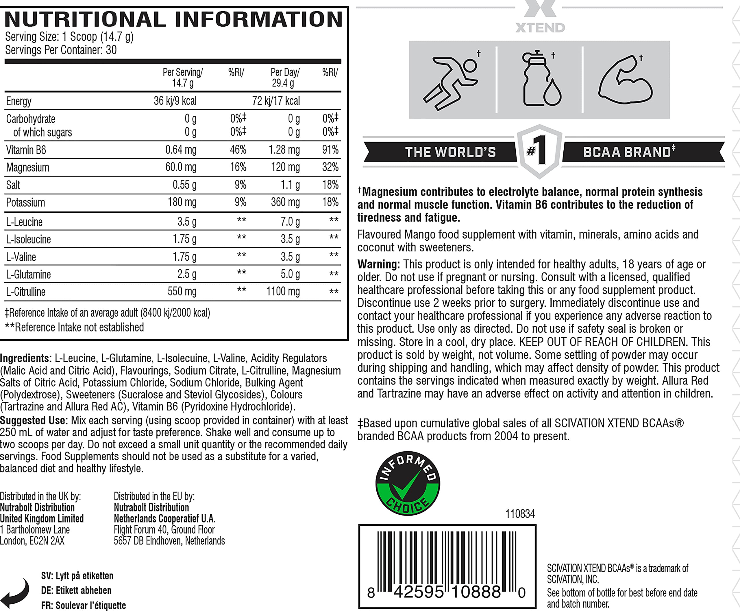 XTEND Original - BCAA-Pulver - Mango | Ergänzungsmittel mit verzweigtkettigen Aminosäuren | 7 g BCAA + Elektrolyte für Regeneration & Hydration | 30 Portionen