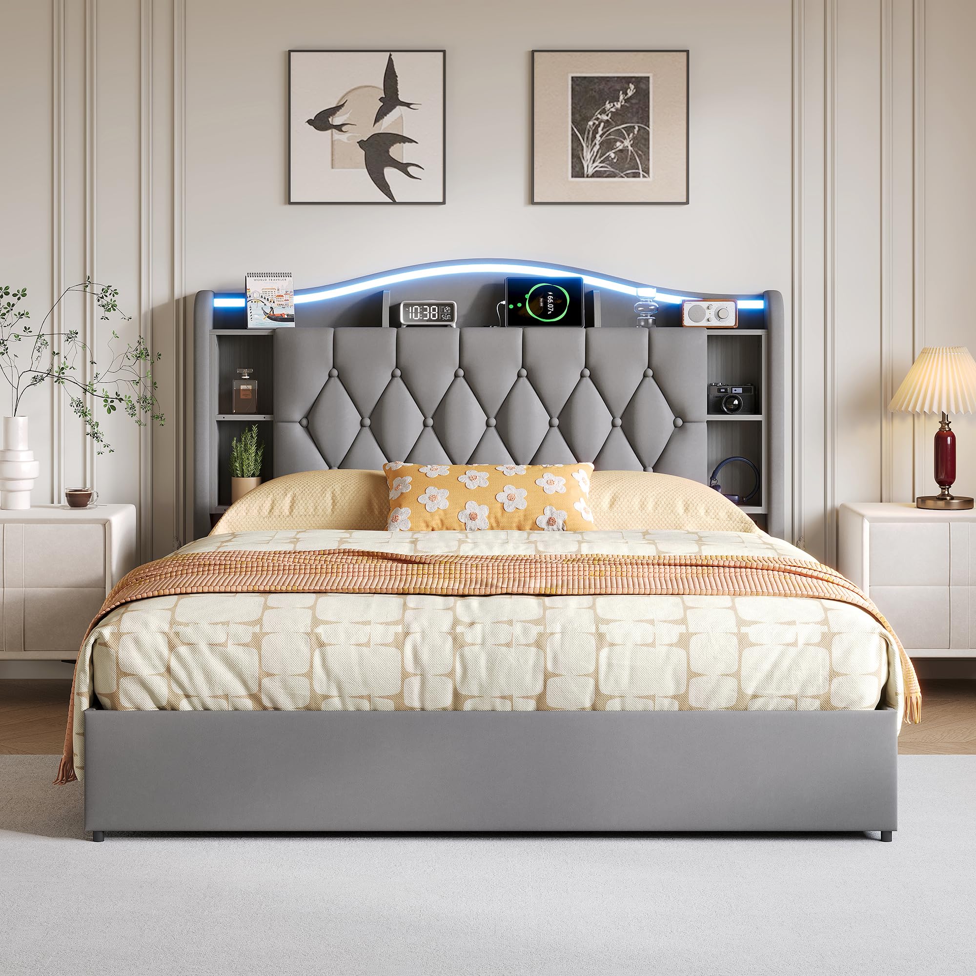 Letto Contenitore Matrimoniale 160x200 cm, Letto Baule con LED e Ricarica wireless, Letto imbottito con Contenitore e Testiera, Rete a Doghe in Legno, velluto, Senza Materasso (Grigio B, 160x200)
