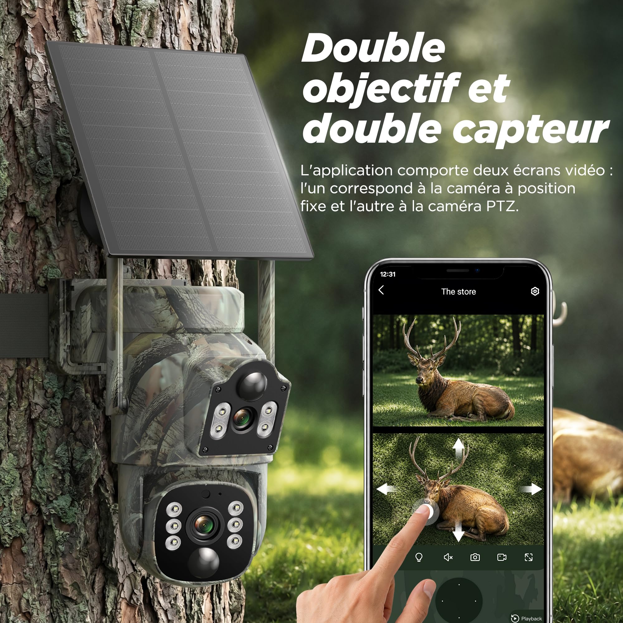 VOOPEAK Caméra de sécurité cellulaire 4G LTE, Double Objectif PTZ 360° avec Suivi Automatique, caméra Solaire sans Fil pour extérieur avec Carte SIM, Vision Nocturne Couleur 2K HD, étanchéité IP66