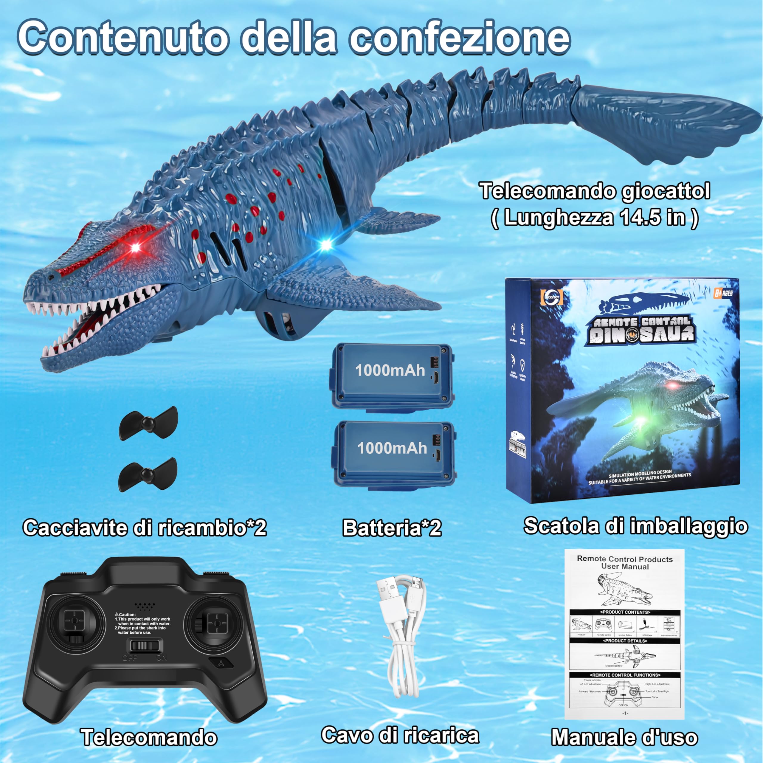 IEEILULU Barca Telecomandata RC Mosasaurus, 2.4GHz Giocattolo Acquatico Telecomandato con Luci, Dinosauro Barca Elettrica Shark con USB, Regalo per Bambino di 8+ Anni (Blu)
