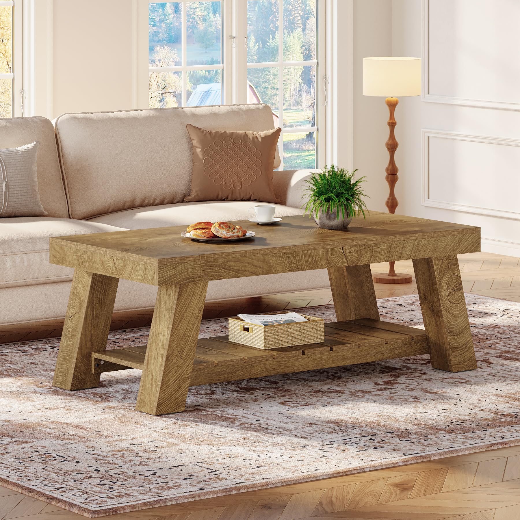 Tribesigns Mesa de Centro Rectangular, 120 cm Mesa Salon de Madera, Mesita de Café de Acento Rústica de 2 Niveles para Apartamento, Hogar
