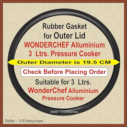 Outer Lid Rubber Gasket for 3 Litre WonderChef Alluminium Pressure Cooker. Outer Lid Dimeter is 19.5 cm (Packof 1) (Black Color)