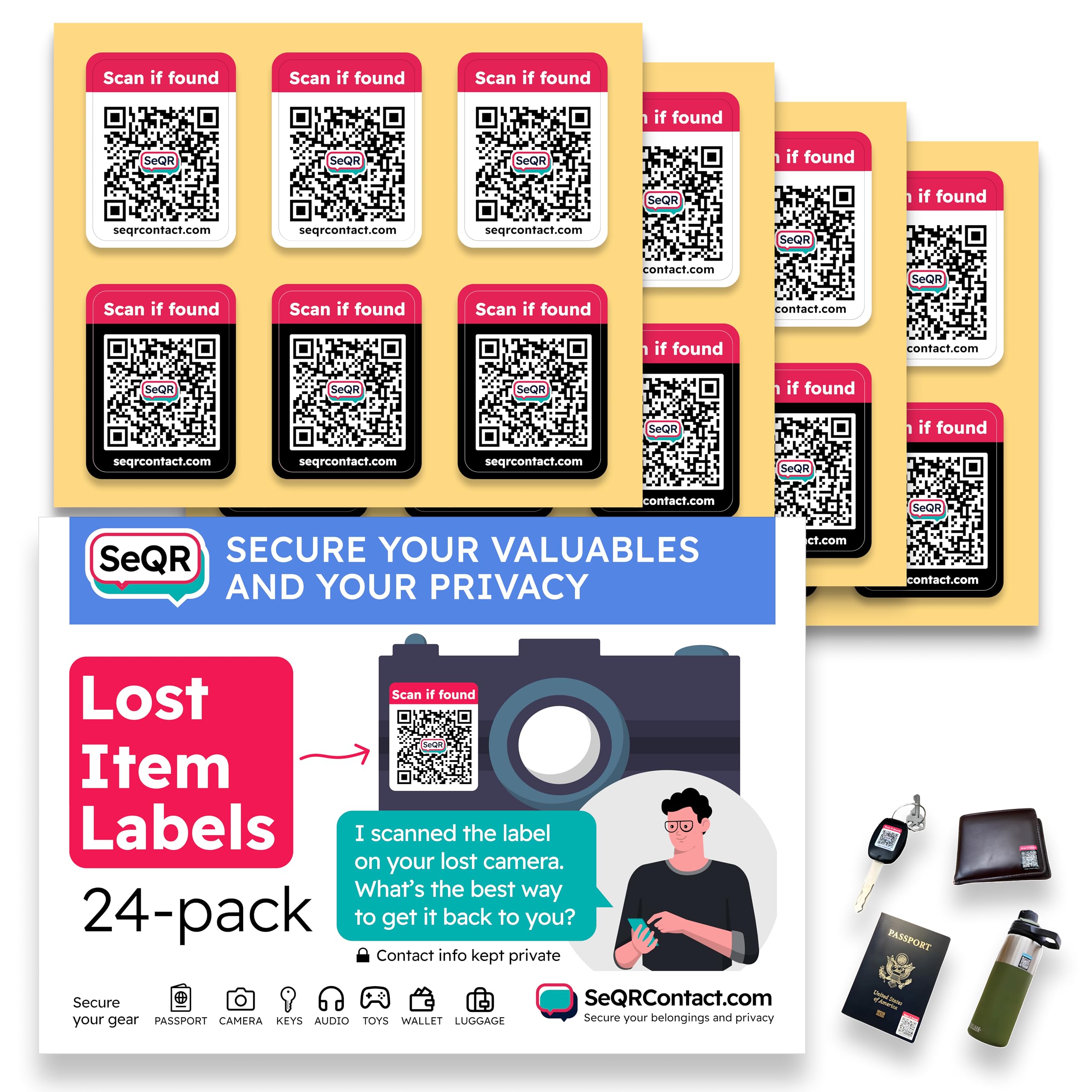 Lost Item Labels | Secure, Private Messaging Tags for Recovering Personal Items | QR Smart Labels for Travel, Everyday & Family Belongings Like